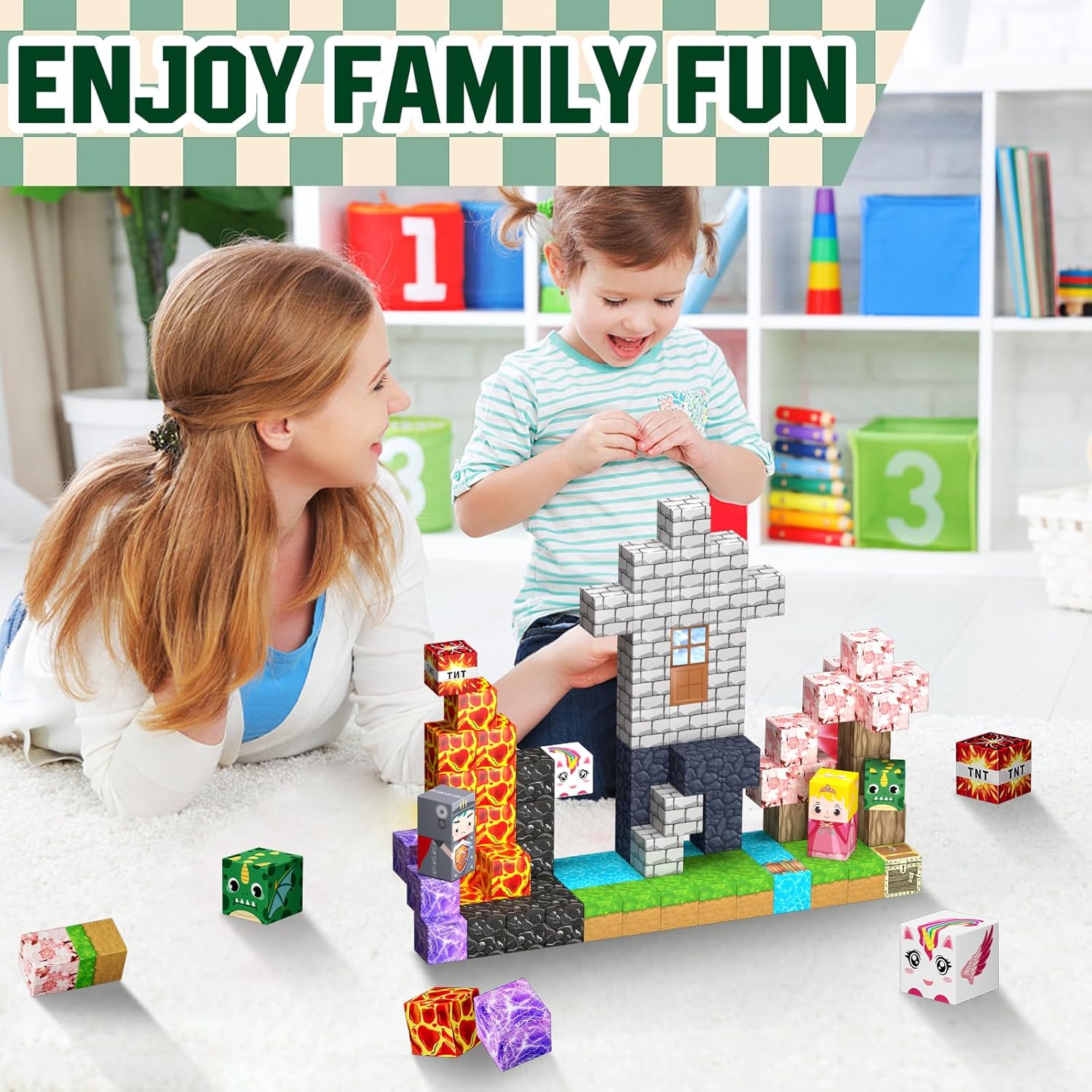 Uucoco 100PCS Magnetic Blocks - Magnet Cubes Toys Stacking, Build Mine Magnet World Magic Portal Set, STEM Montessori Stacking Toy for 3+ Year Old Boys&Girls (Forest and Castle)