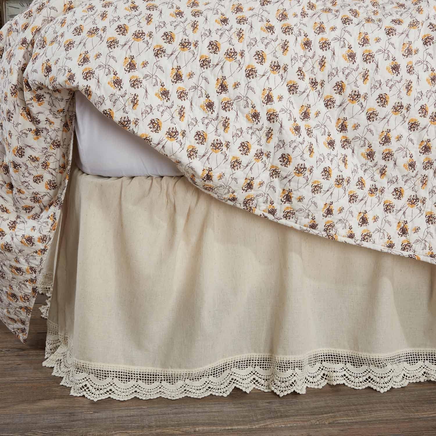 Flax and Lace King Bed Skirt, Extra Long 21" Drop, Natural Cream Dust Ruffle with Crochet Lace Trim, Vintage Farmhouse, Boho