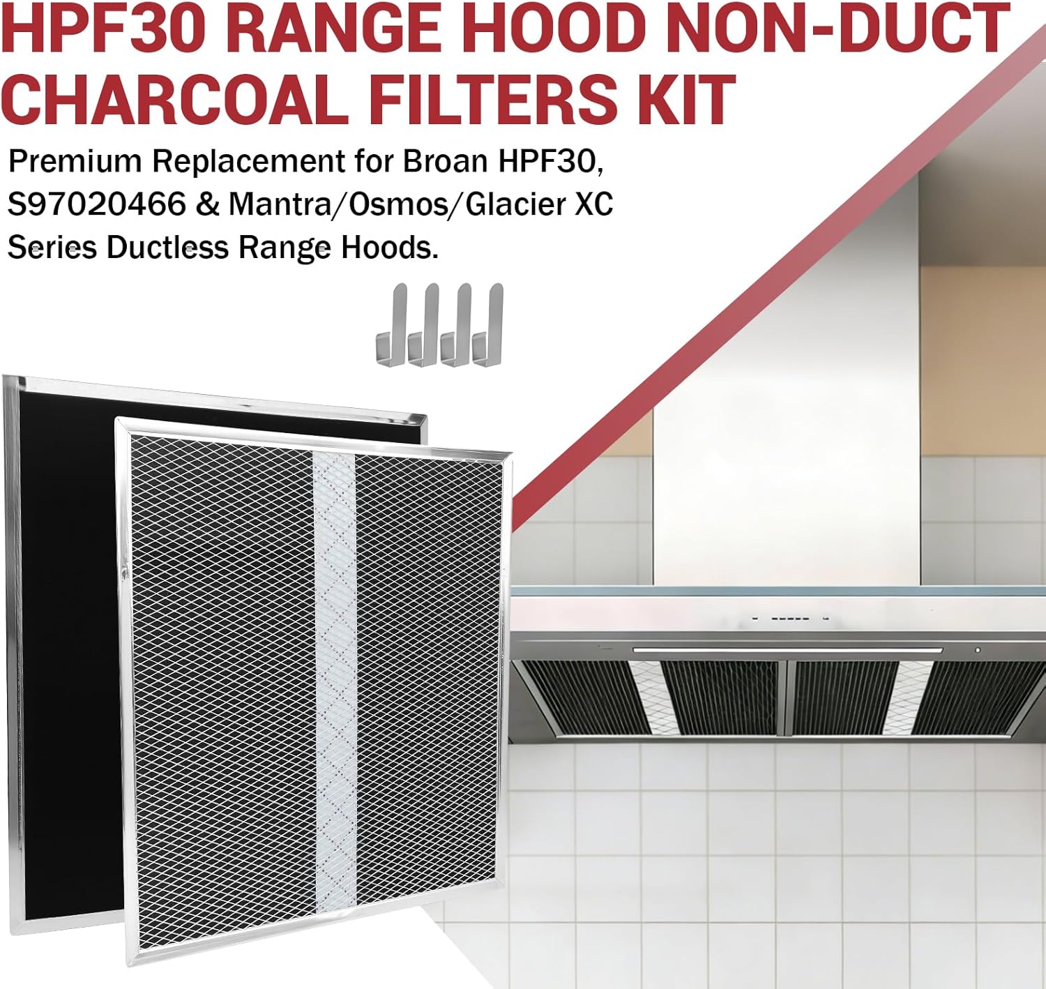 2 Pack HPF30 Range Hood Non-Duct Charcoal Filters Kit, Premium Replacement for Broan HPF30, S97020466 & Mantra/Osmos/Glacier XC Series Ductless Range Hoods, High-Efficiency Activated Carbon Filtration