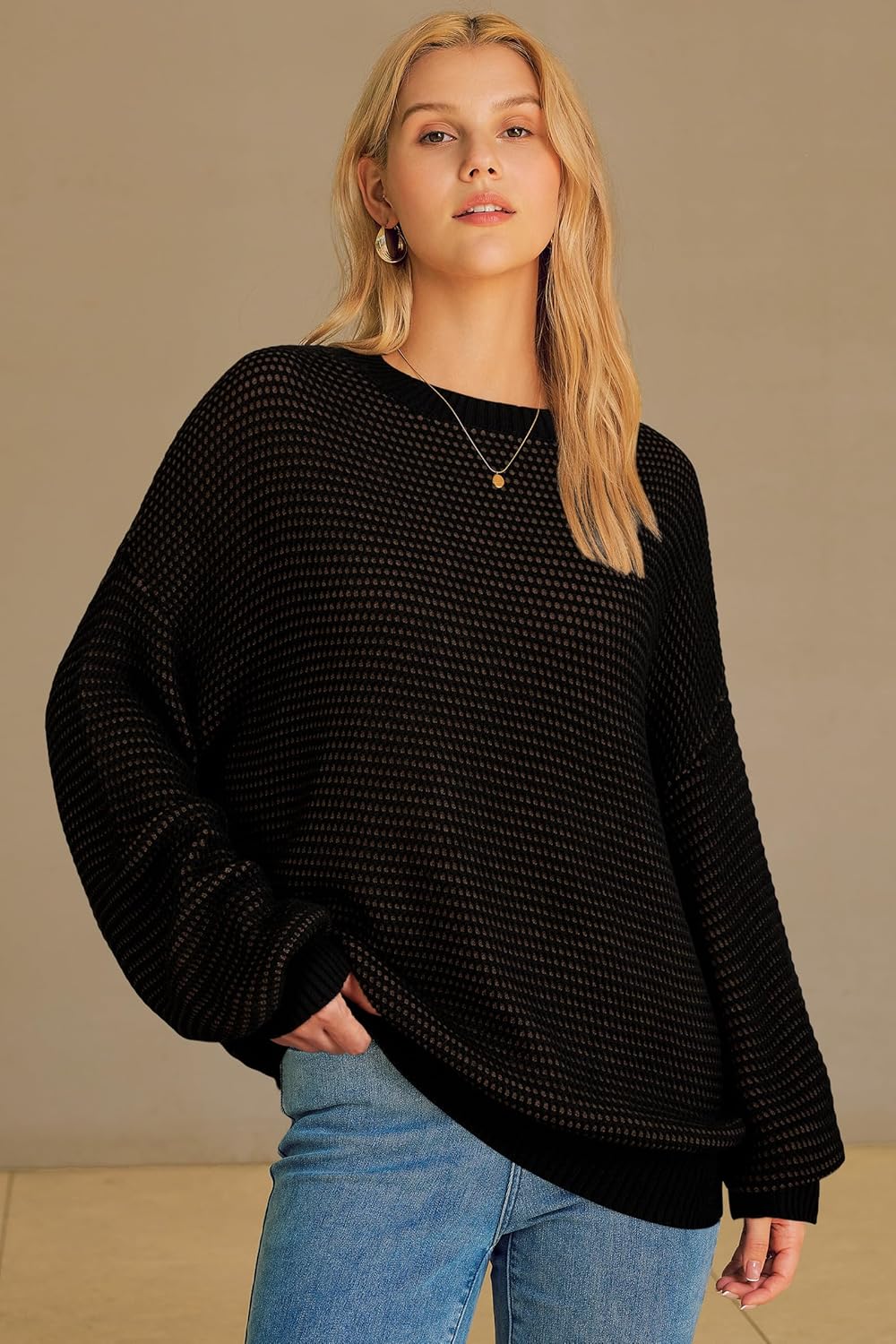 Arach&Cloz Women's Wool Blend Crewneck Fall Trendy Oversized Waffle Sweaters 2025 - Image 3