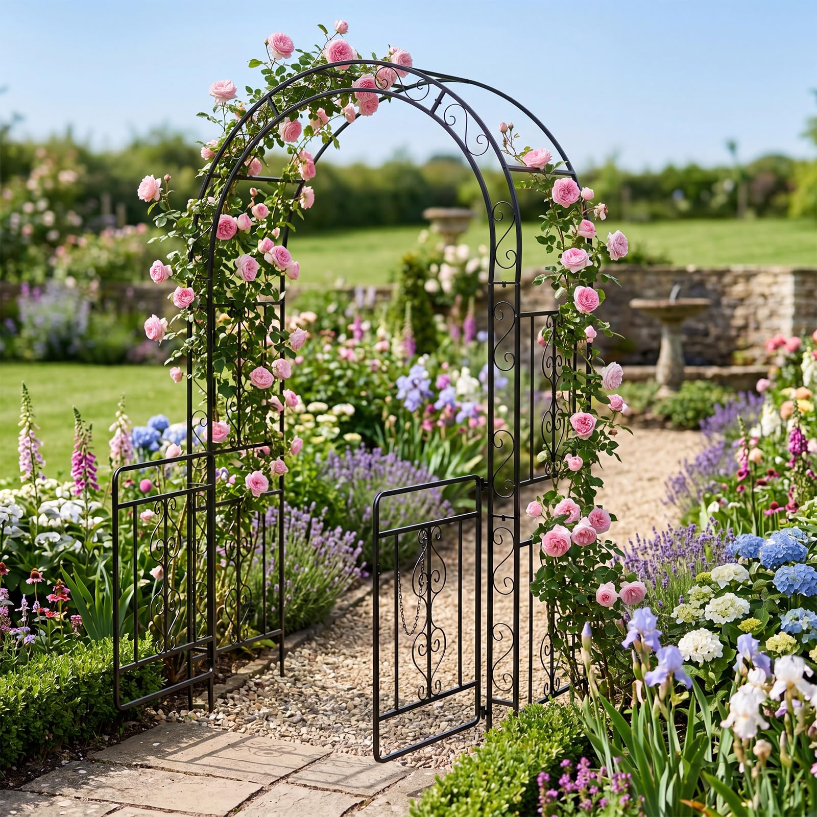 COSTWAY Arco da Giardino con Cancello, Pergolato per Piante Rampicanti | Pergola Decorativa in Metallo con Piedini a Punta e Chiusura, per Rose, Viti e Fiori da Matrimoni e Feste, 135x60x213 cm
