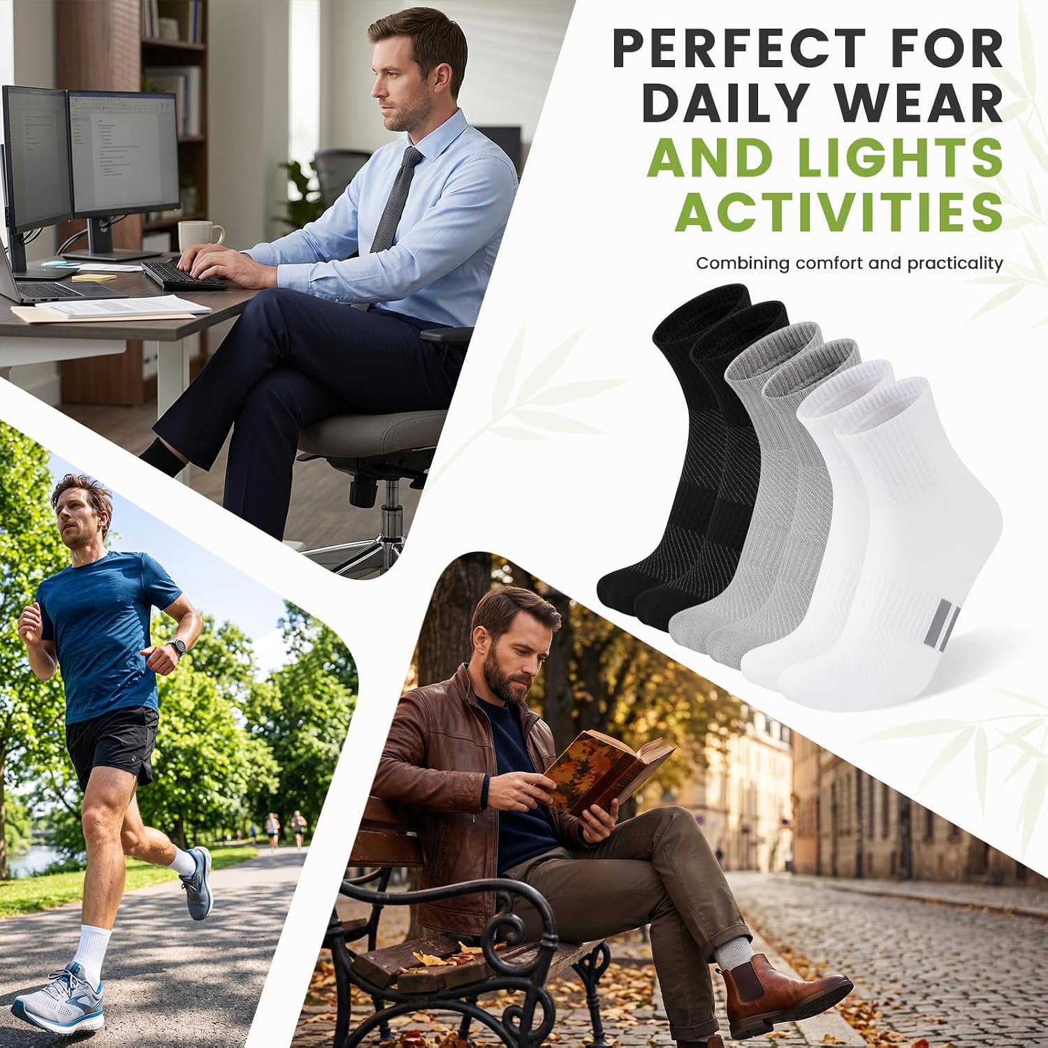 eallco Mens Ankle Socks Bamboo Viscose Quarter Crew Breathable Thin Casual Ankle High Socks 5 Pairs