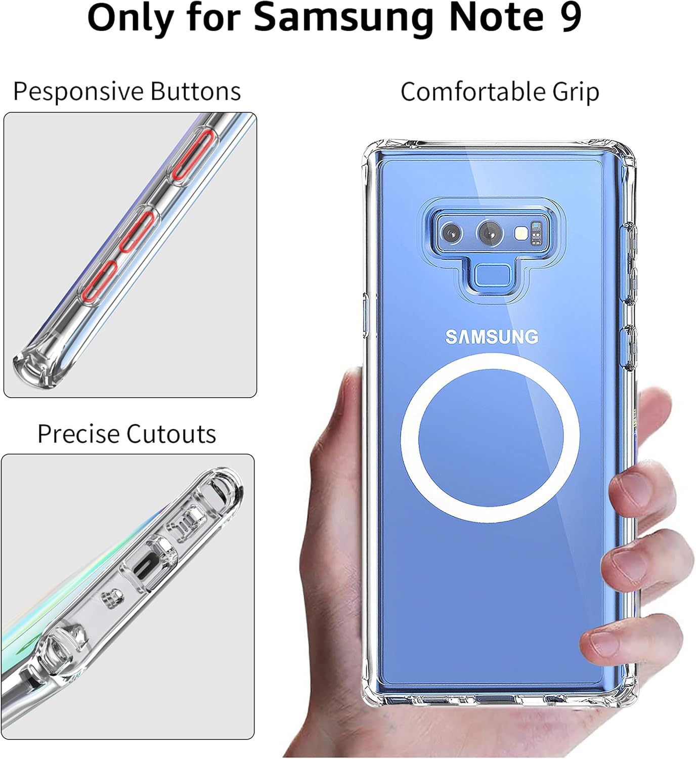 Clear Magnetic Phone Case for Samsung Galaxy Note 9, 6.4-Inch Crystal Transparent Shockproof Military-Grade Protection TPU Bumper PC Anti-Yellowing Slim Fit Wireless Charging Compatible - Image 5