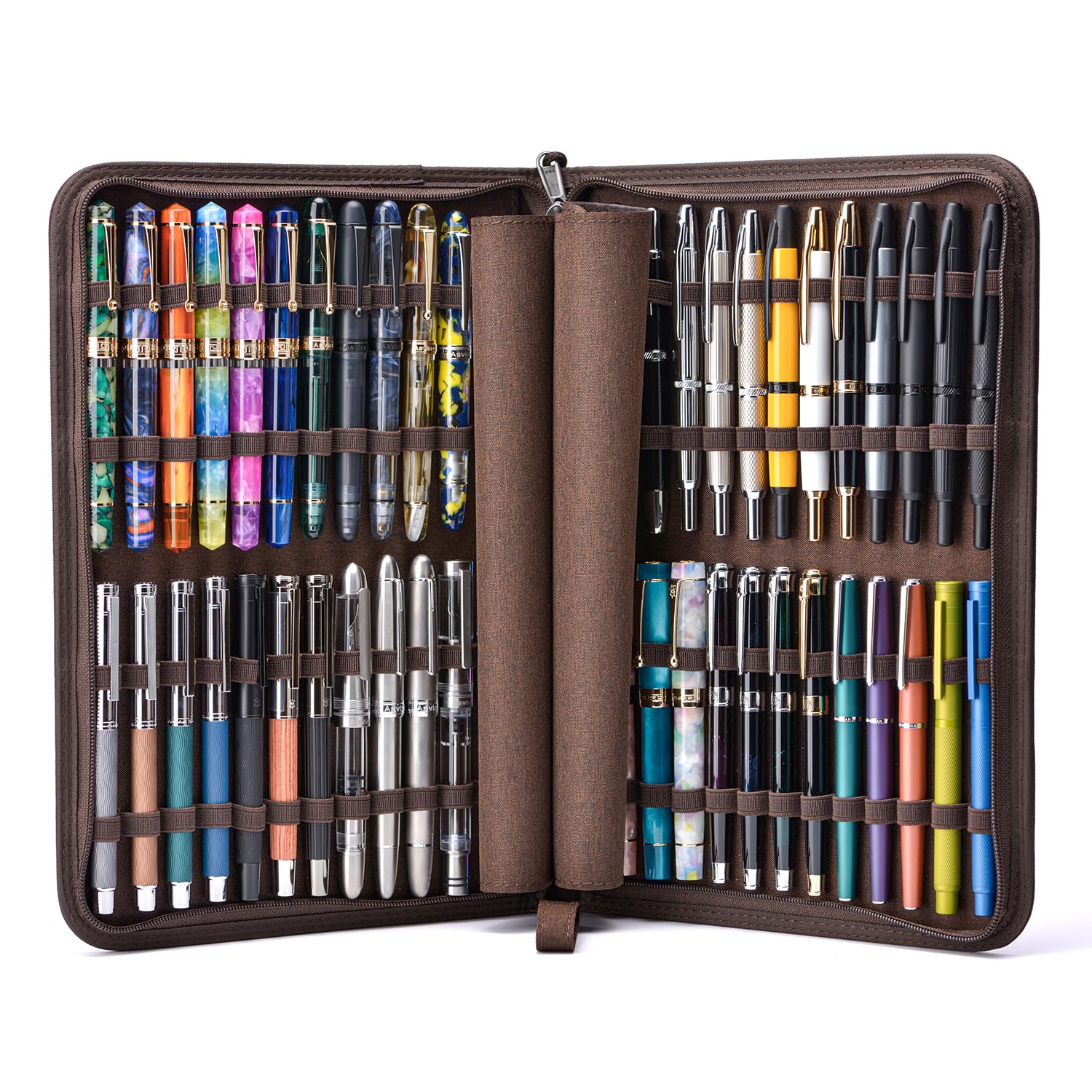 Lanxivi 48 Slots Fountain Pen Case, Brown Waterproof Canvas Pen Organizer with YKK Zipper Pen Bag - Image 3
