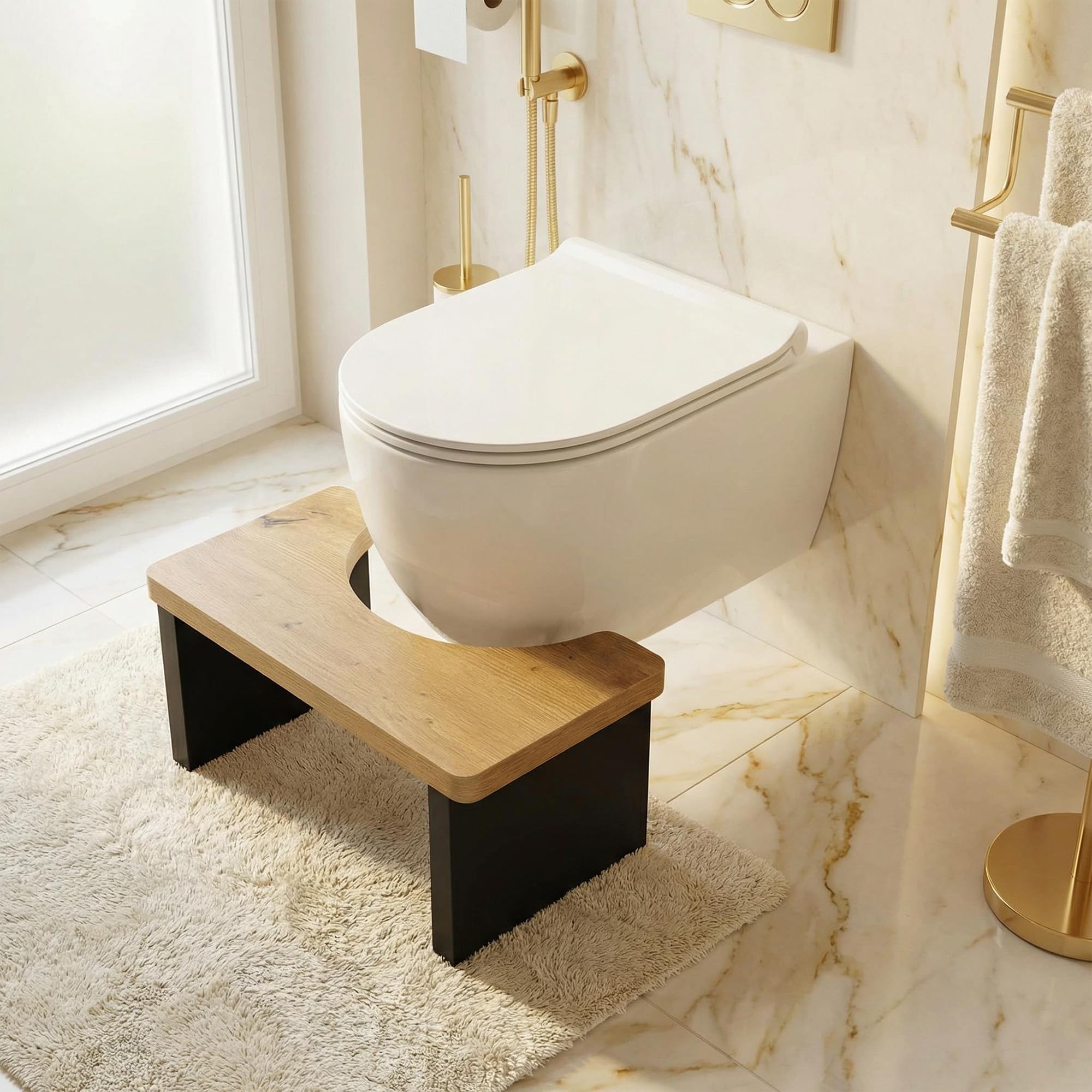 Set di 2 Sgabello da Bagno per Adulti, Poggiapiedi in Legno Sedia da WC Sgabello per il Sanitari Bagno Step Pedana per Adulti e Bambini Piccolo/Rovere e Nero/45x23x20CM(LxPxA)