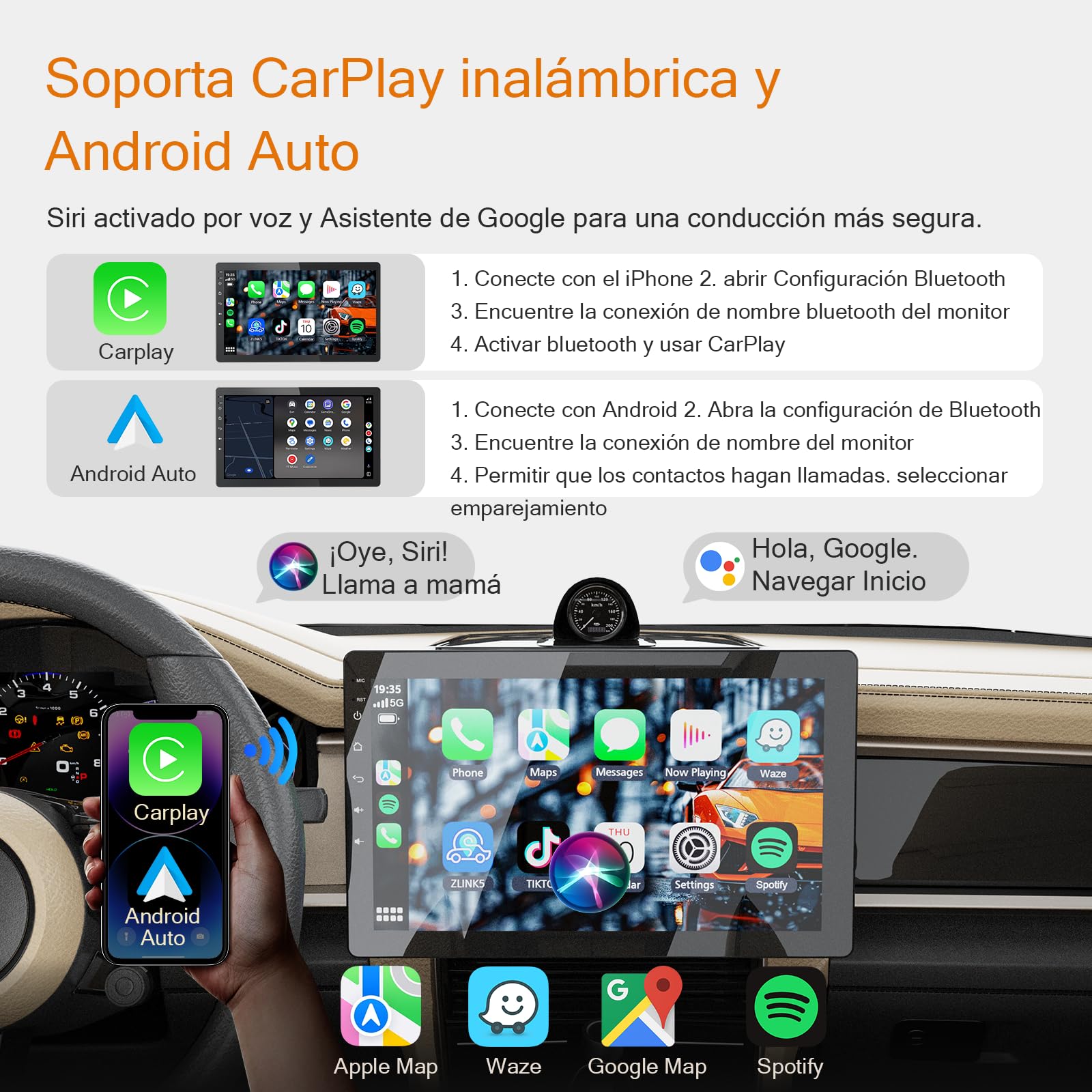 Haudio Giratoria 360° Radio de Coche Bluetooth 1-DIN con CarPlay Inalámbrico y Android Auto,Pantalla táctil IPS de 10 Pulgadas,Wi-Fi y Bluetooth 5.0,Mirror Link,RDS,Radio FM/Am
