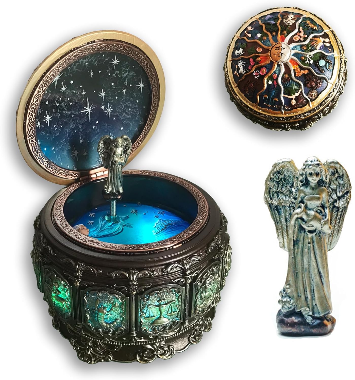 BinkeGG Play (Once Upon a December) Vintage Zodiac Music Box with Rotating Aquarius Goddess Twinkling LED Lights 12 Constellations Music Box with Sankyo Musical Movement