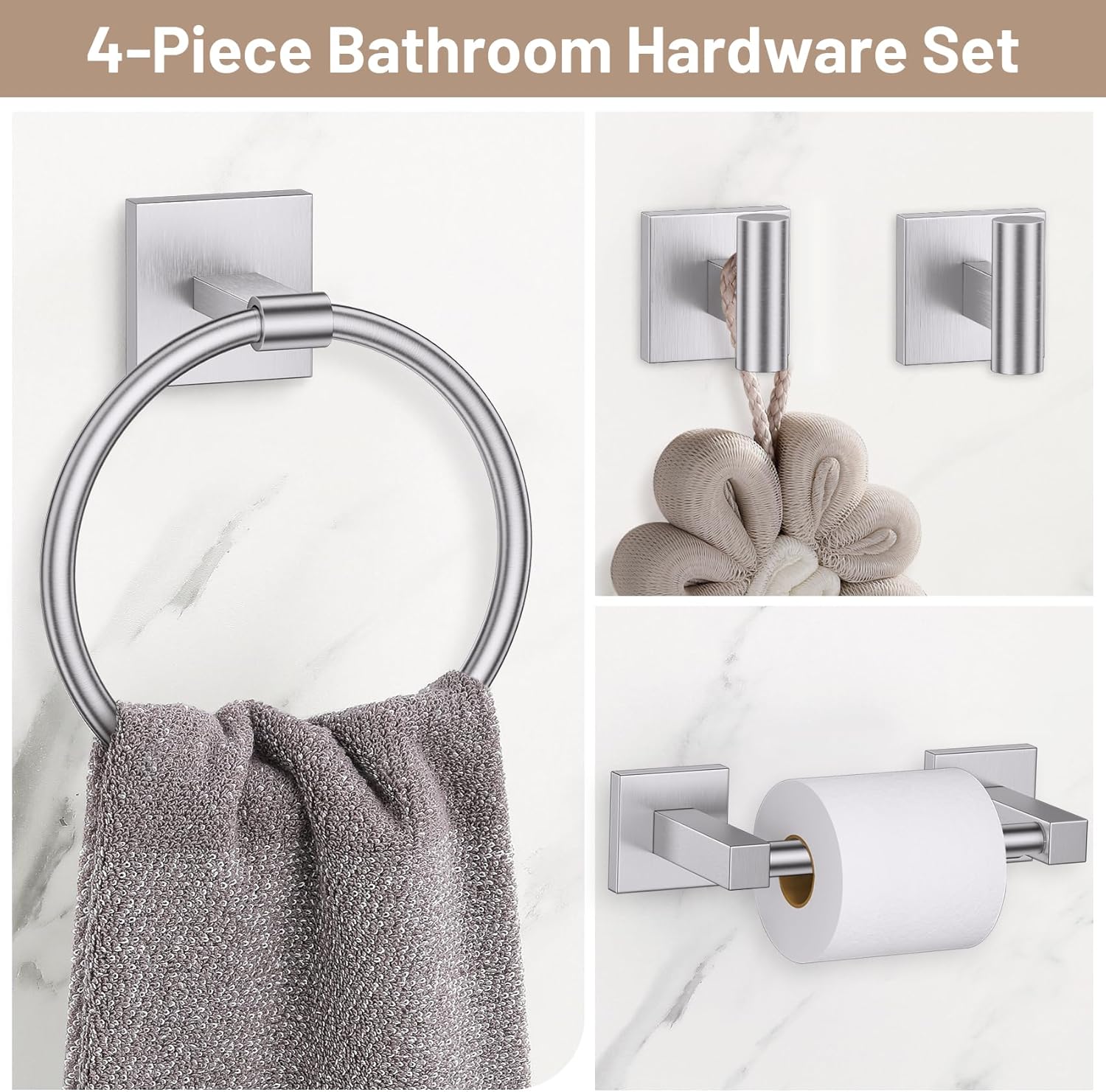 Towel Ring Set 4 Piece Bathroom Hardware Set Includes Towel Ring 2 Towel Hooks and Toilet Paper Holder Stainless Steel Wall Mounted (Brushed Nickel)