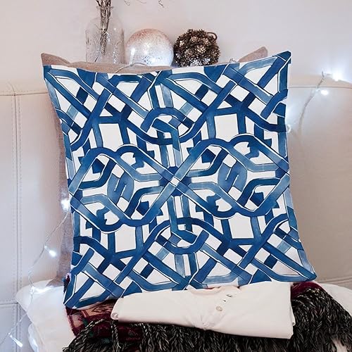 Miniatura 8 de Funda de cojín geométrica de enrejado de laberinto azul y blanco, funda de cojín decorativa de celosía Ming Trail, funda de almohada abstracta de
