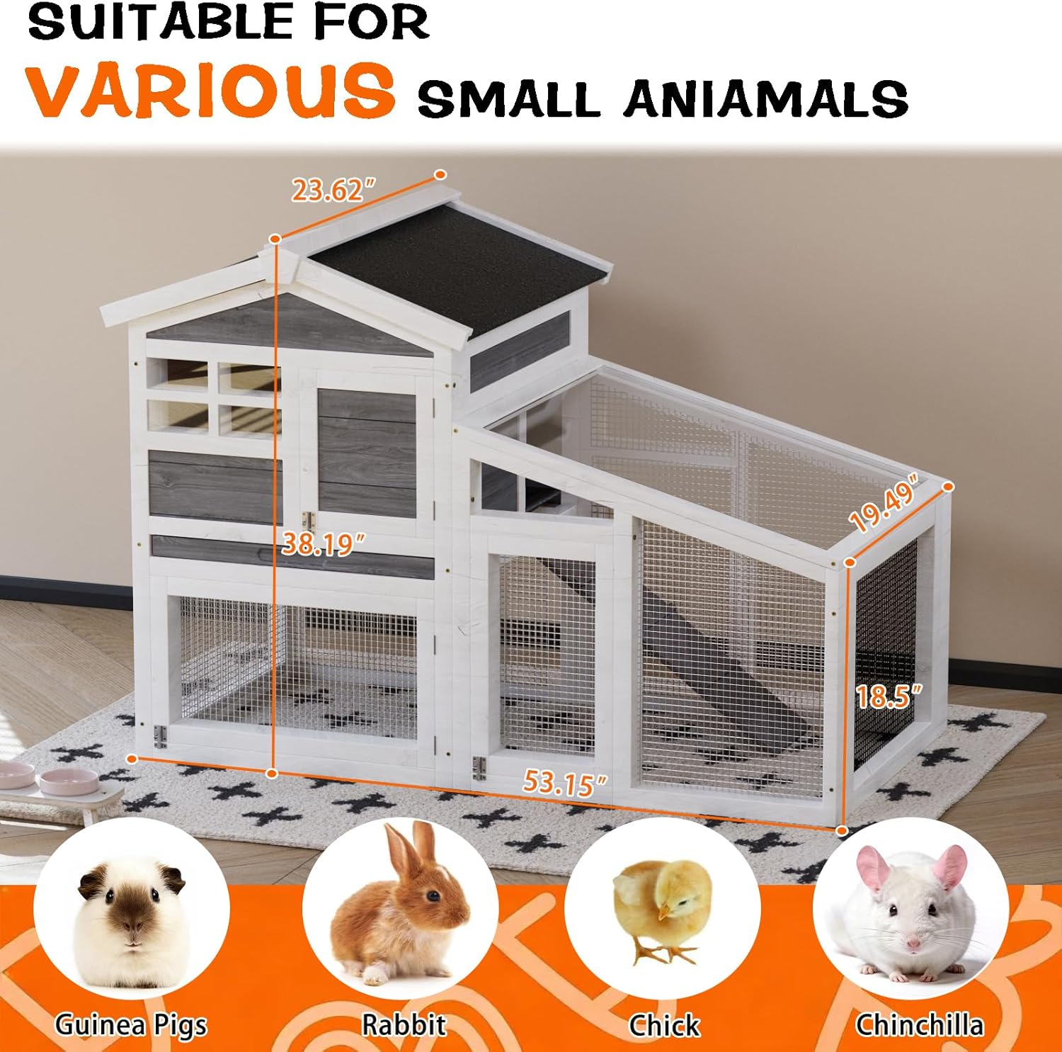 Rabbit Cage, Outdoor Weatherproof Bunny House Wooden, Indoor Bunny Cage with Run, Rabbit Hutch with Removable Tray, Grid Fences, Ramp 53.15" L x 23.62W 37.8" H Gray