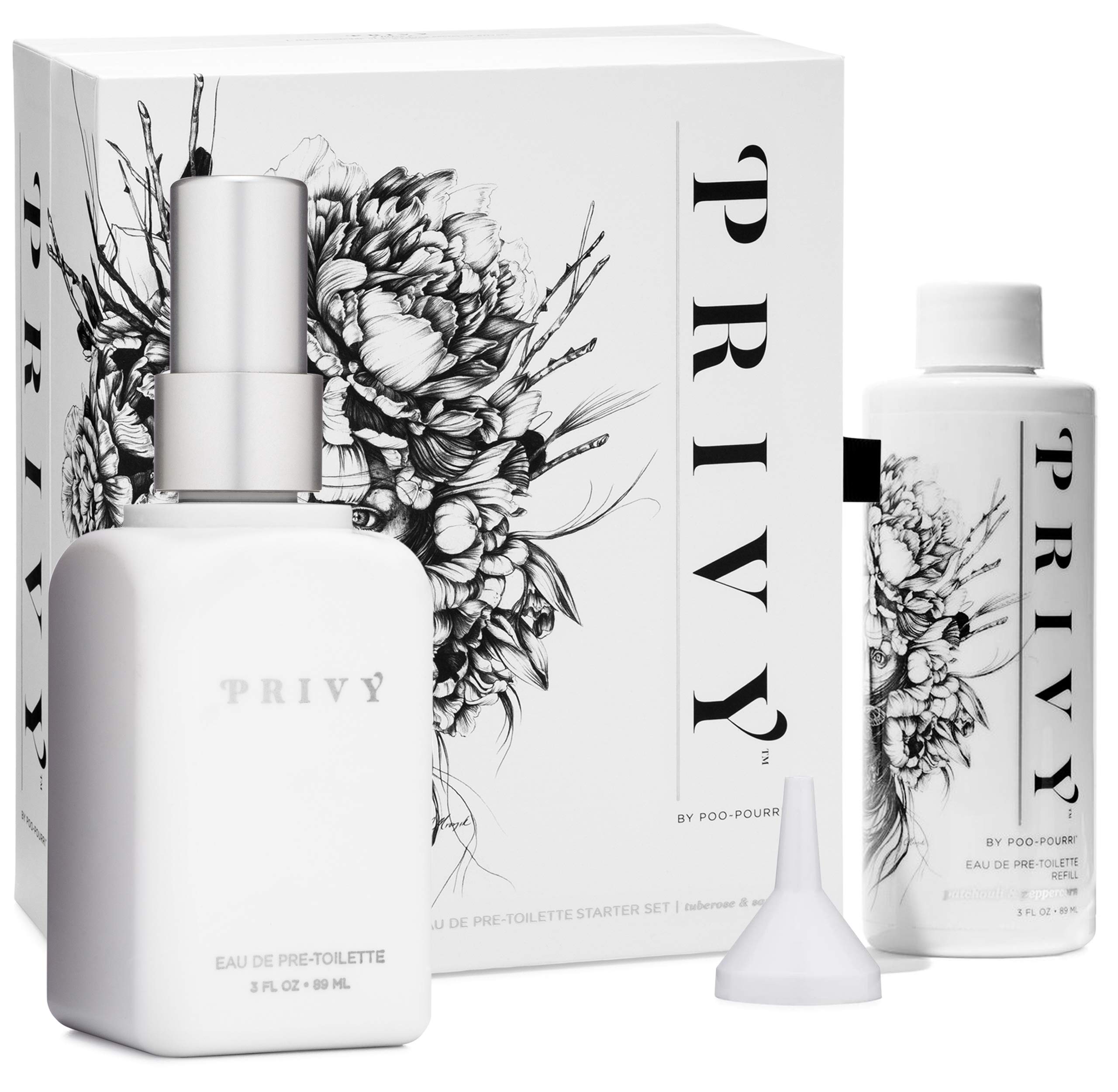 Poo-Pourri Bathroom Toilet Spray Gift Set, Before You Go Deodorizer Set Patchouli and Peppercorn Scent 3 Ounce Refillable Bottle with Refill Bottle and Funnel