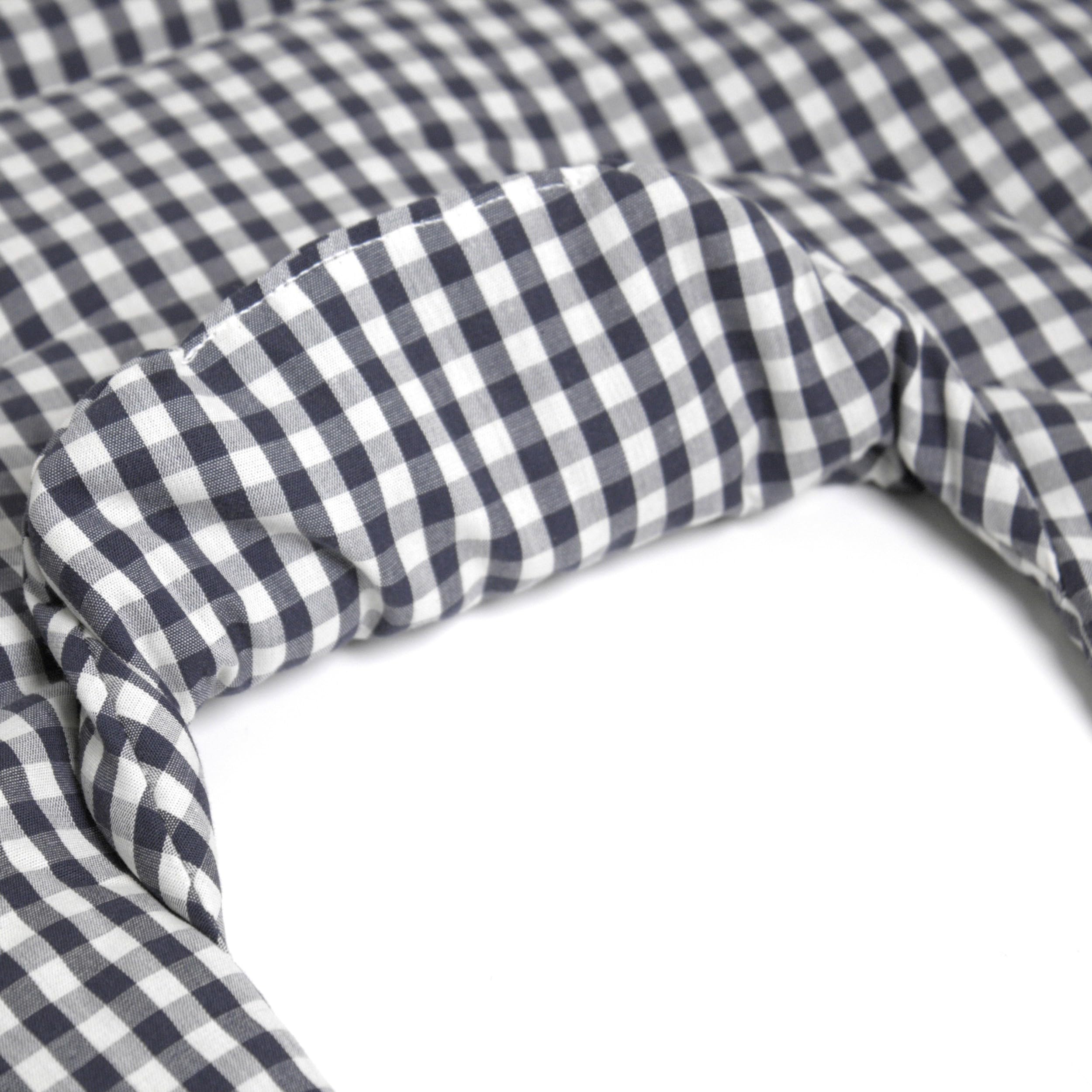 Tour de cou pour vertèbres cervicales avec col montant et partie dorsale - Tissu biologique vichy bleu et blanc- Coussin thermique 2 en 1 utilisable à chaud ou à froid - graines de lin