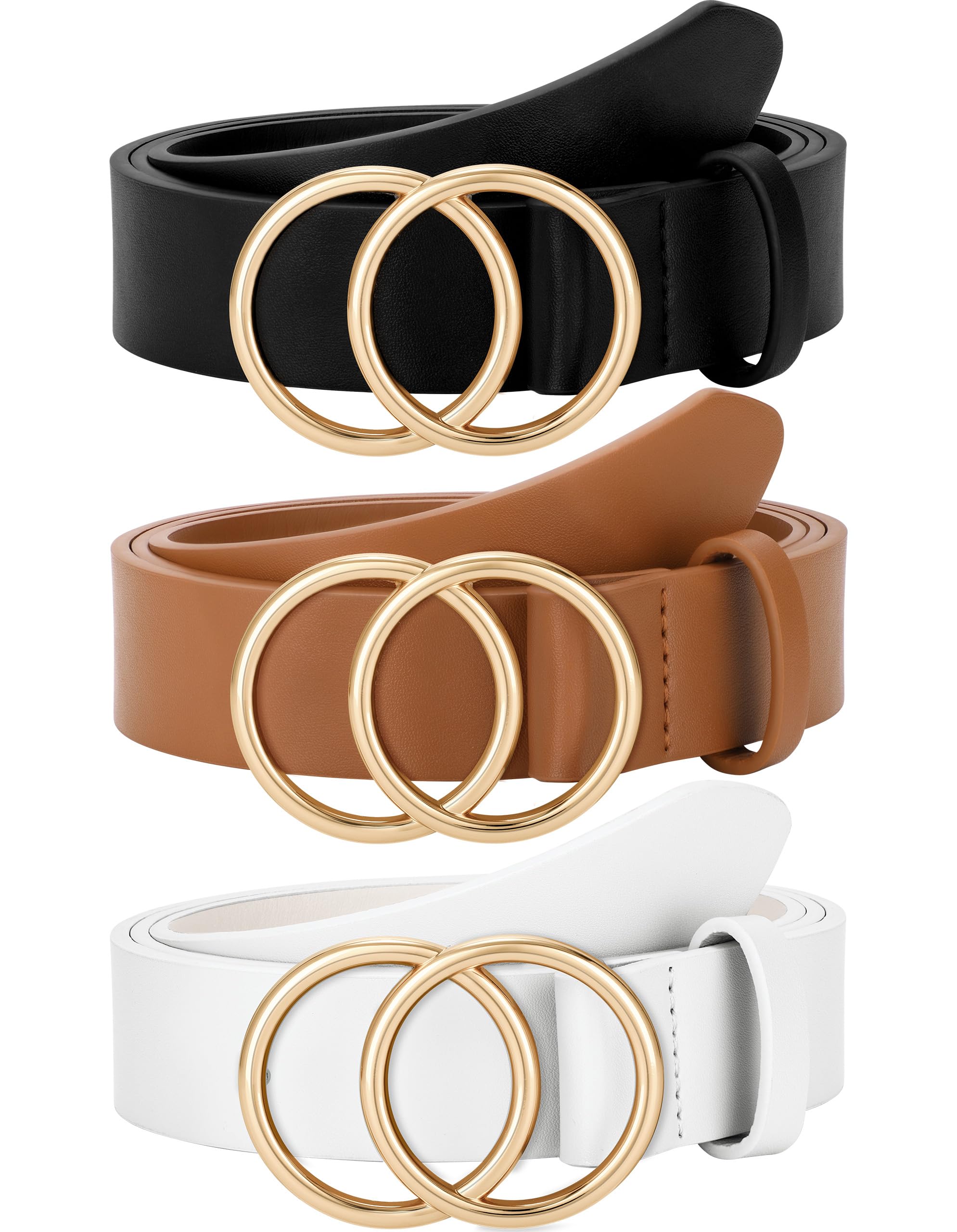 SUOSDEY Women Leather Belt Fashion Double O-Ring Soft Faux Leather Waist Belts For Jeans Dress