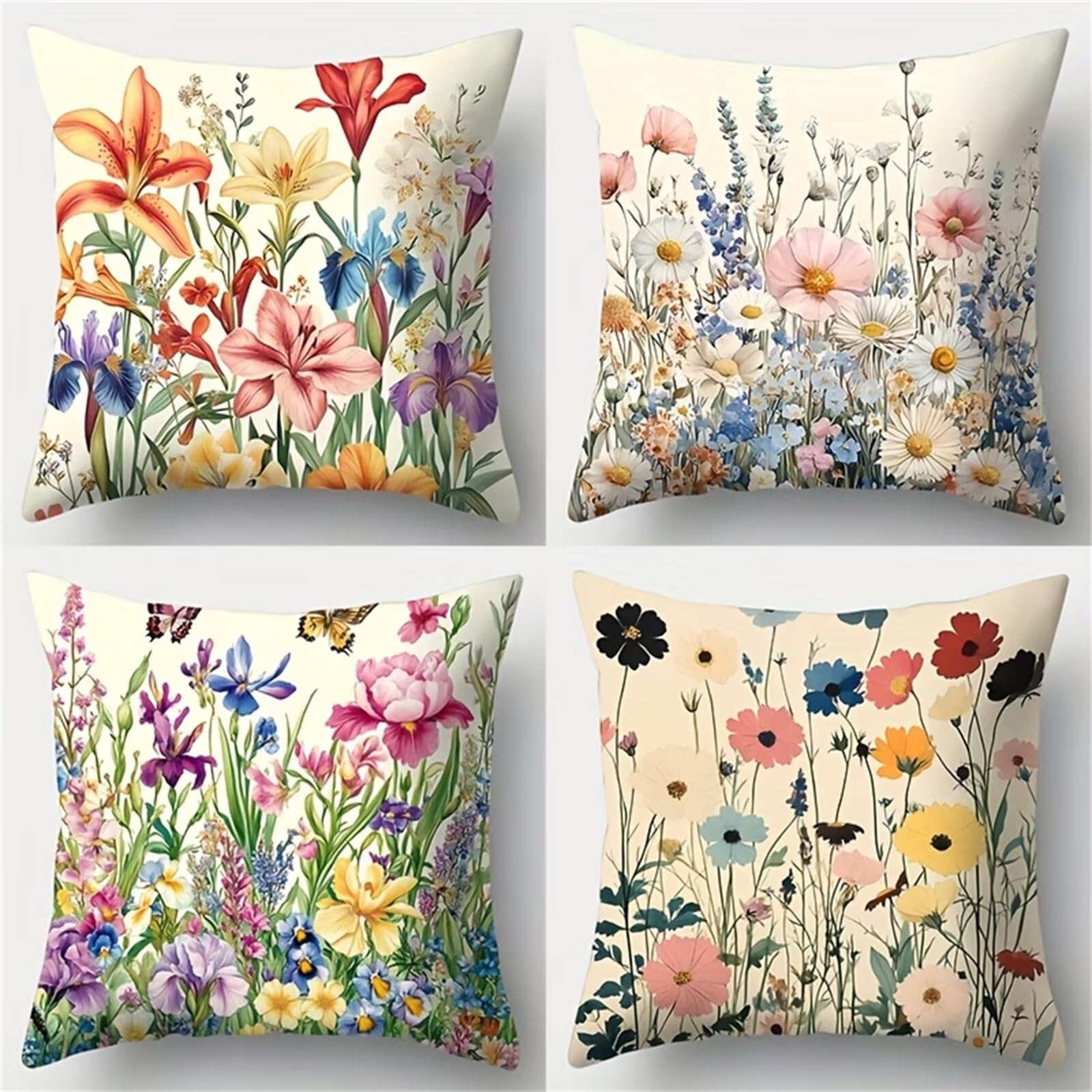Heaen Colorful Outdoor Cushions Covers Waterproof 35X35 Cm Set Of 4 Square Linen Pillow Cases Wildflowers Butterfly Decorative Dushions For Sofa Porch Patio Home Decor