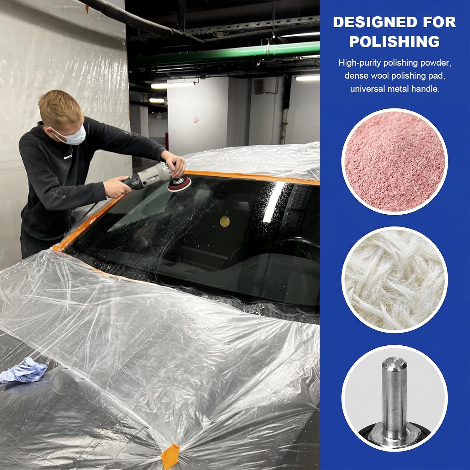 Glass Polishing Kit, Car Window Deep Scratch Removal Set with 100g Cerium Oxide Powder, Wool Polish Pads Multifunctional Buffing Pad for Auto Windscreen and Glass Repair