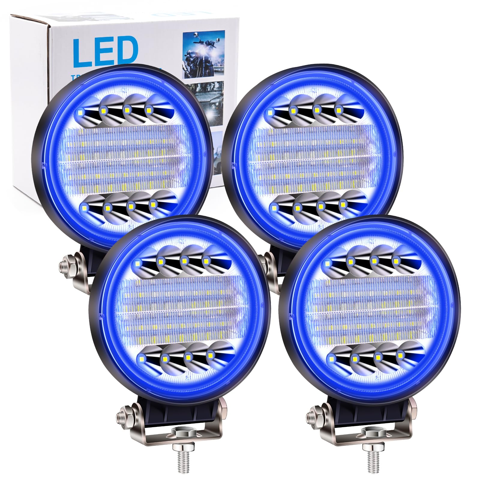 4PCS 96W Foco Led Tractor con Azul Angel Eyes,Faros Trabajo LED 12V 24V Focos de Coche LED Potentes Faros Adicionales Coche Luz de Niebla luz Auxiliar Moto 7200LM para Offroad Tractor Camión Barco