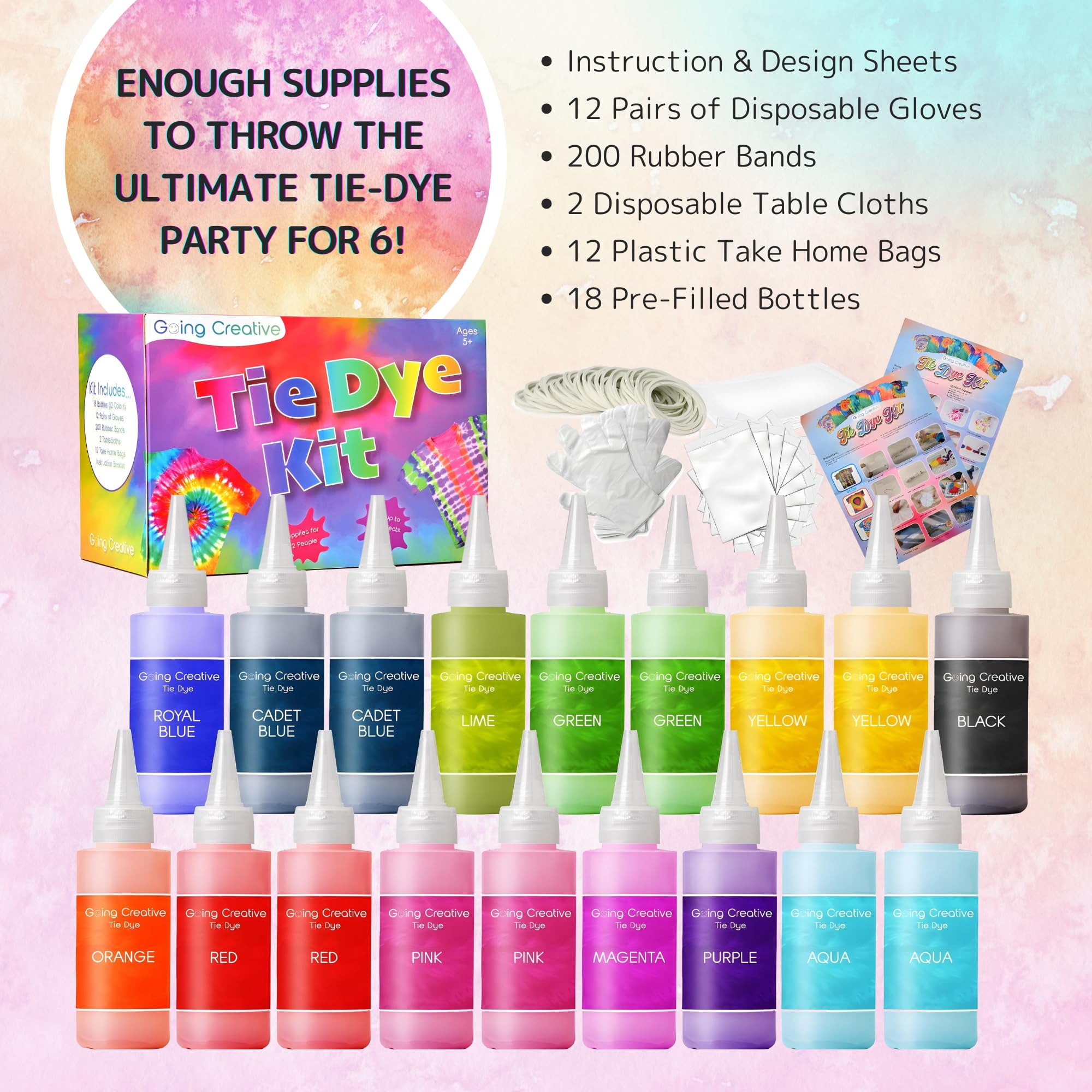 Going Creative All-in-One Tie Dye Kit - Tie Dye Party Pack with 12 Colors in 18 Pre-Filled Bottles, Gloves, Rubber Bands & More - Top Arts and Crafts for Kids 4 & Up - Large Groups - Image 2