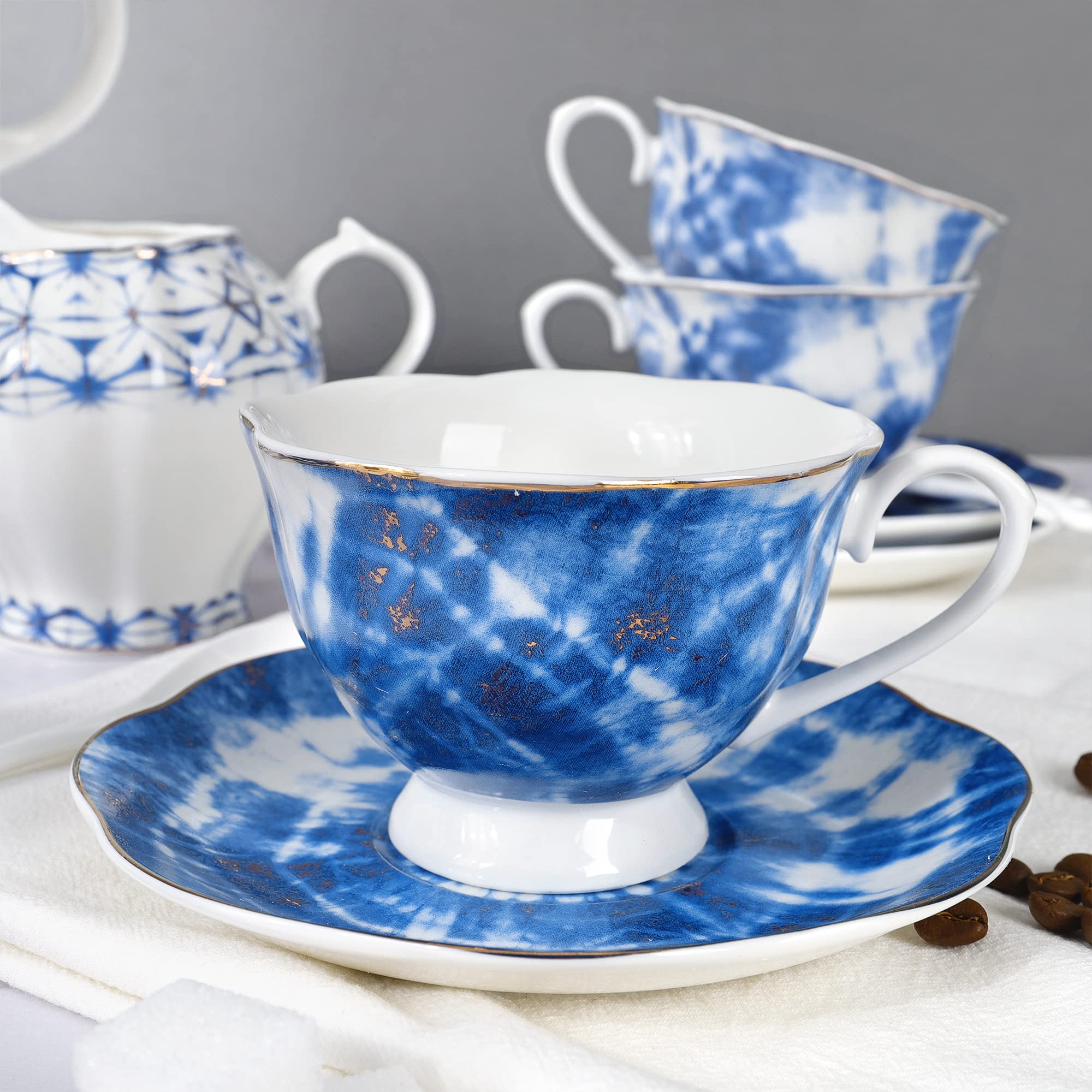 fanquare Bloemen porseleinen theeset, elegante blauwe koffieset, moderne theeservies voor 6, theekransset voor verjaardag, bruiloft
