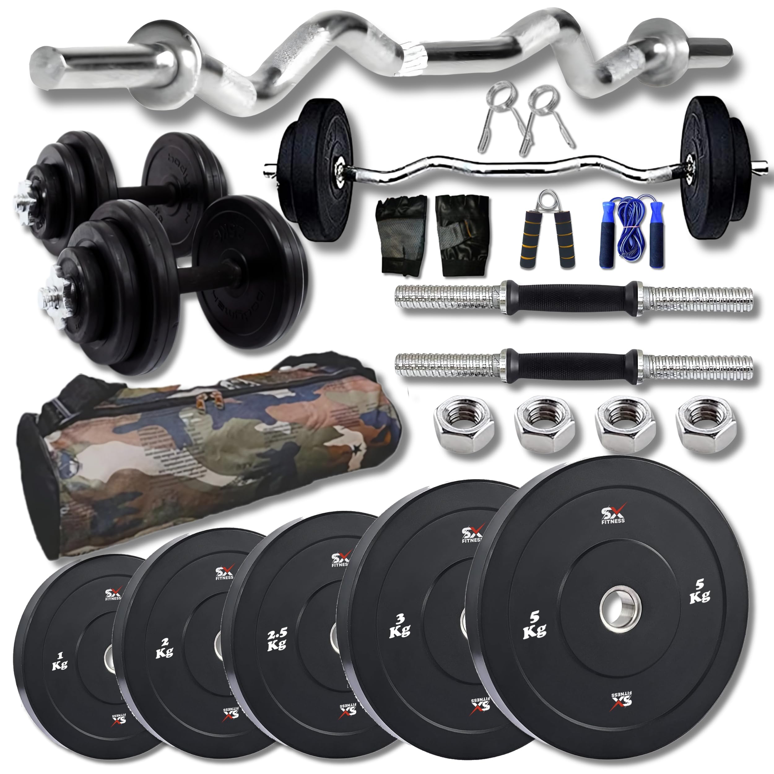 30Kg (3Kg x 4 + 2.5Kg x 4 + 2Kg x 4) Rubber Plates Combo with 3ft Curl Rod, Dumbbell Rod, Skipping Rope, Hand Gripper & Gloves – Complete Workout Set!-image-31