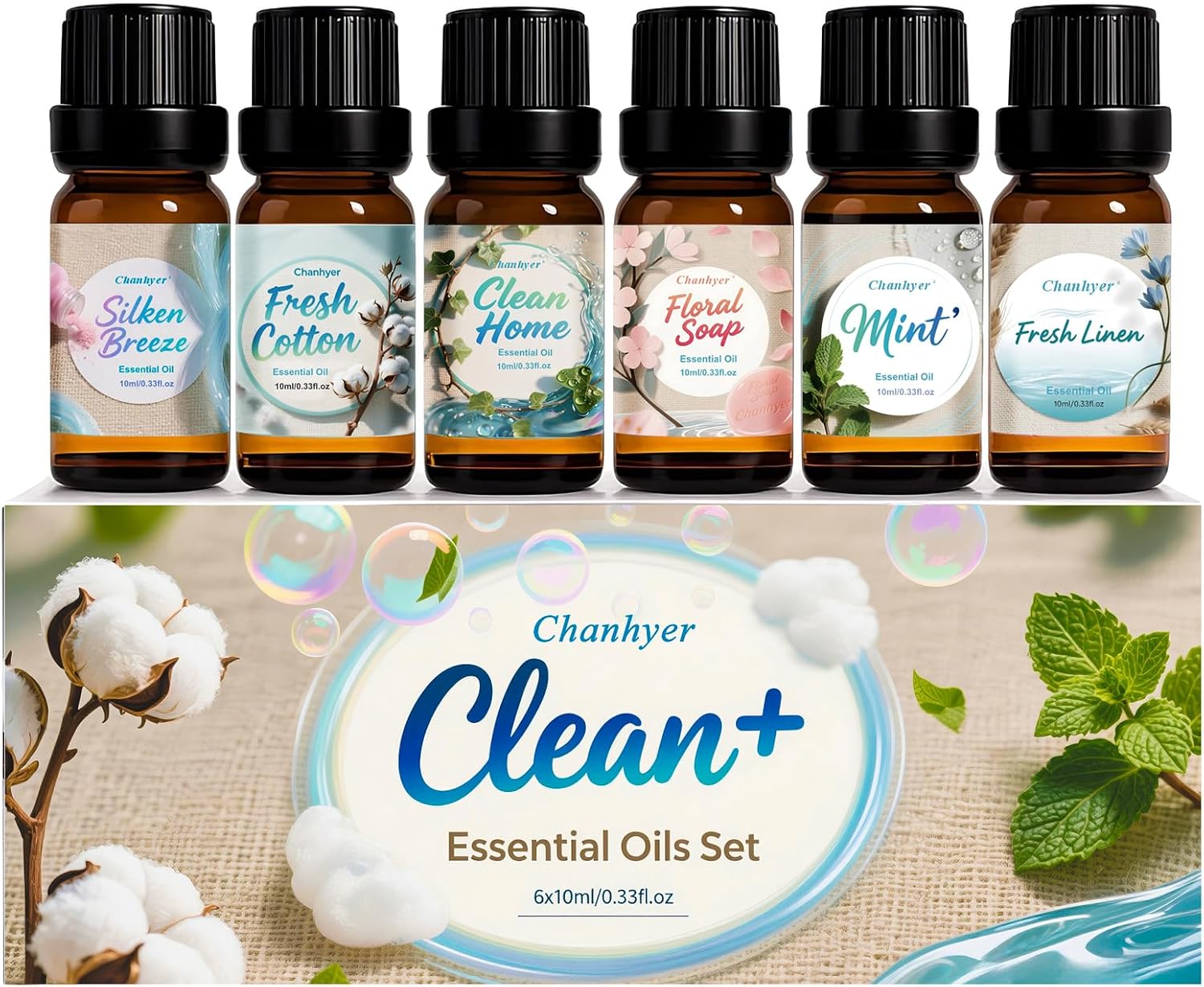 Clean Essential Oils Set 6 x 10ml – Fresh Linen, Cotton, Soft Powder, Peppermint, Clean Home, Soap Scent for Diffuser, Home Fragrance