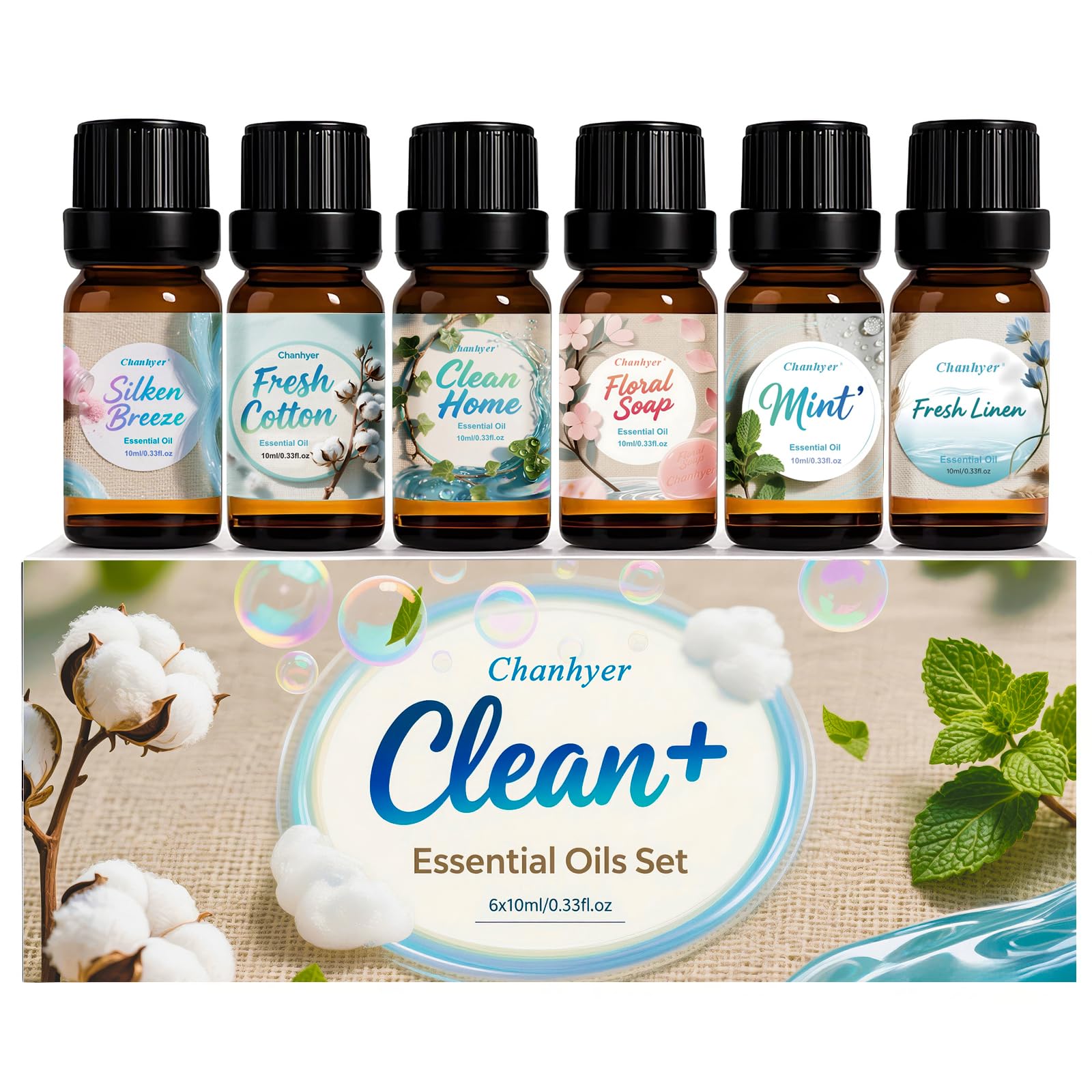 Sauber Clean Fresh Ätherische Öle Set 6 x 10 ml – Duftöl Set für Diffuser/Diffusor, Raumduft & Luftbefeuchter – Frische Wäsche, Baumwolle, Puderduft, Pfefferminze, Sauberes Zuhause & Blütenseife