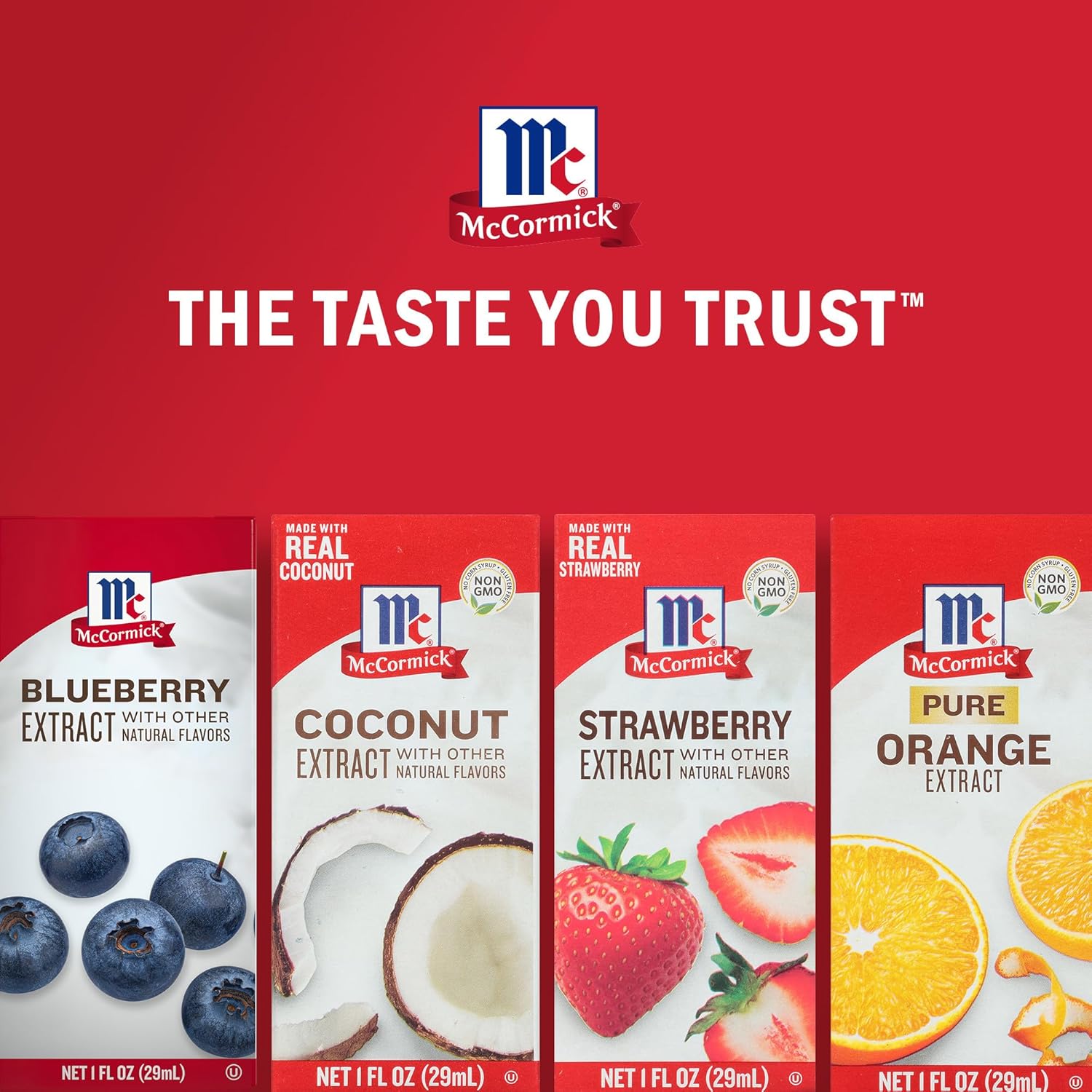 McCormick Fruity Extract Variety Pack, Includes Orange, Strawberry, Blueberry, and Coconut Flavors, For Baking, Mocktails, and More, 4 fl oz