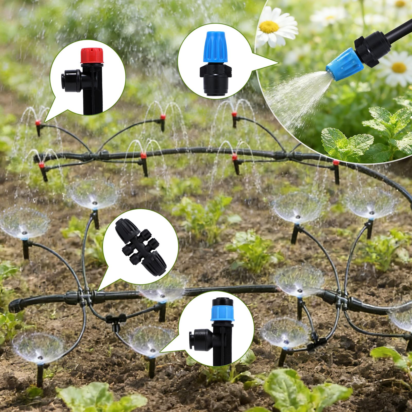 Kit di irrigazione a goccia da 90 m, sistema di irrigazione automatico da giardino, con tubo da 2,5 m, tubo di distribuzione da 6,3 m e accessori per giardino, prato, serra, piante, aiuola