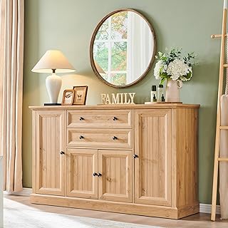 Farmhouse 58" Buffet Cabinet with Storage, 34" Tall Sideboard Cabinet w/2 Large Drawers & 4 Grooved Barn Doors, Wood Rustic Sideboard for Dinning Room, Kitchen, Living Room,Natural