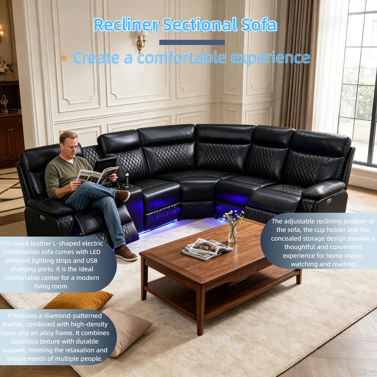 Power Reclining Sofa Set with LED Light,Living Room Furniture Sets,Leather Recliner Sectional Couch Set with USB Charging Port & Storage & Cup Holders for Apartment/Home Theater/Office view 8