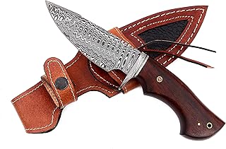SBK162 Custom Handmade Damascus Steel Knife - Full Tang Rosewood Handle, with Leather Sheath 10inches - Nooraki