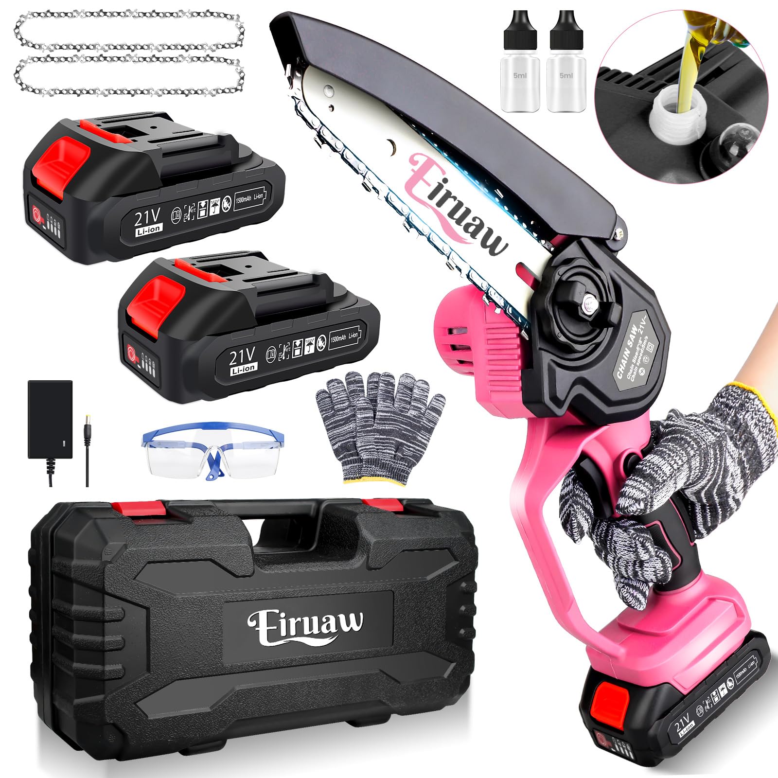 Mini Chainsaw Cordless 6-INCH, Portable Electric Power Pruning Saw, Rechargeable Battery Powered Handheld Chain Saw for Tree Branches, Courtyard, Household and Garden, 2PCS 21V 1500mAh Batteries