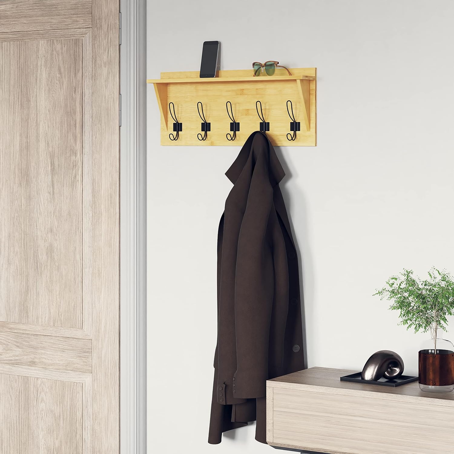 EMMA + OLIVER Wade Rustic Wall Hanging Storage Rack - Rustic Brown Finish - Beveled Edges - 5 Large Hooks - Inlaid Hanging Hardware - Includes Screws and Anchors