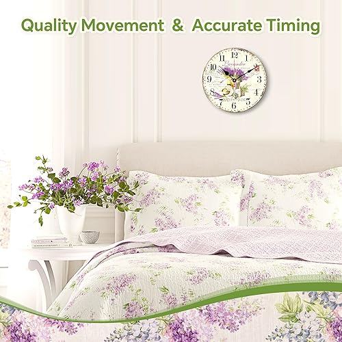 Miniatura 4 de TAHEAT Reloj de pared de lavanda, pequeño reloj de cocina vintage floral Provenza, relojes de pared retro rústicos a pilas para sala de estar,