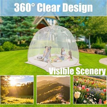 Pop Up Bubble Tent, 360 Clear Camping Tent, 9.84x6.73ft Portable Camping Screen House Withstand Wind Speeds of 5-6 Levels, Rollable Door Curtain, Double-Headed Zippers, 4 Hooks, Storage Bags