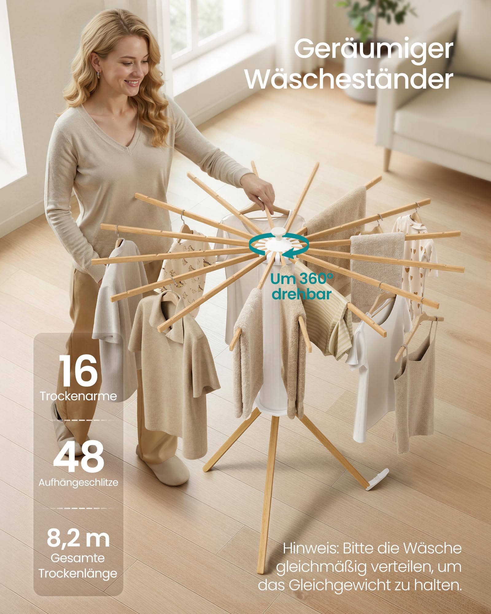 SONGMICS Wäscheständer klappbar, Wäschespinne tragbar, 16 Arme aus Holz, naturfarben LLR530YW01