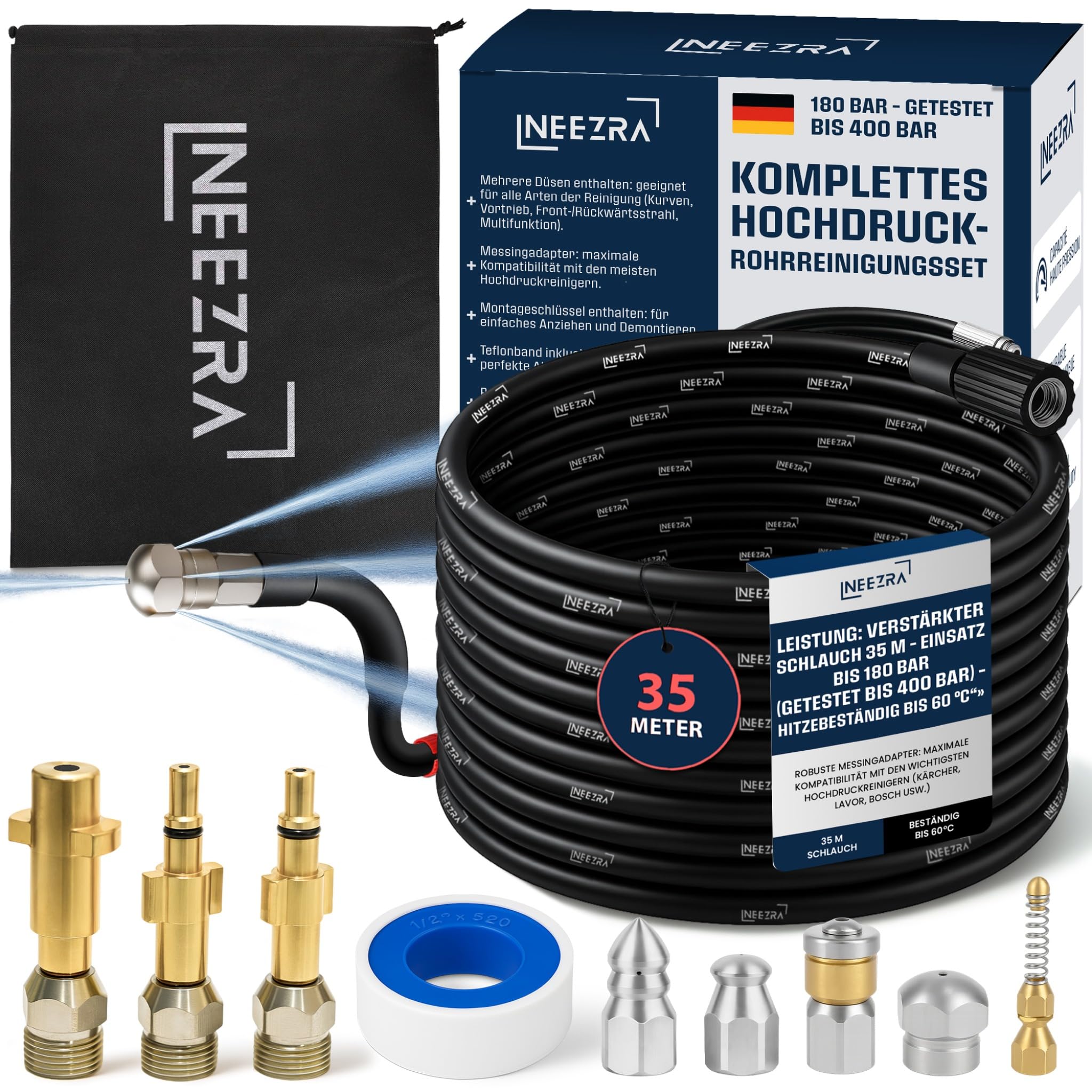 10-in-1 Rohrreinigungsschlauch Hochdruck 35 m – Extra Lang Verstärkt – 5 Düsen + 3 Messing Adapter – Kompatibel mit Kärcher Rohrreiniger