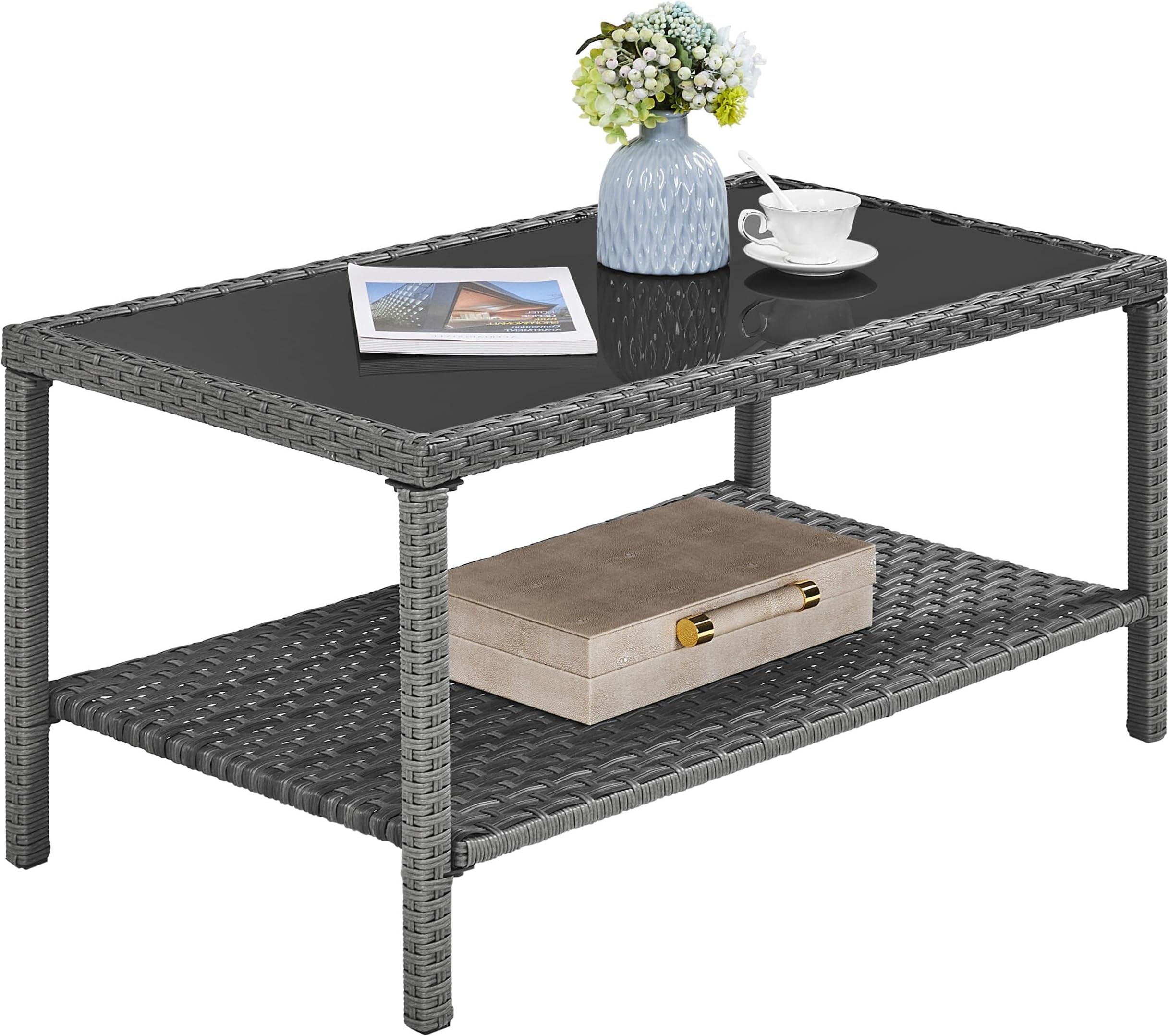 Yaheetech Wicker Coffee Table with Tempered Glass Top Outdoor Coffee ...