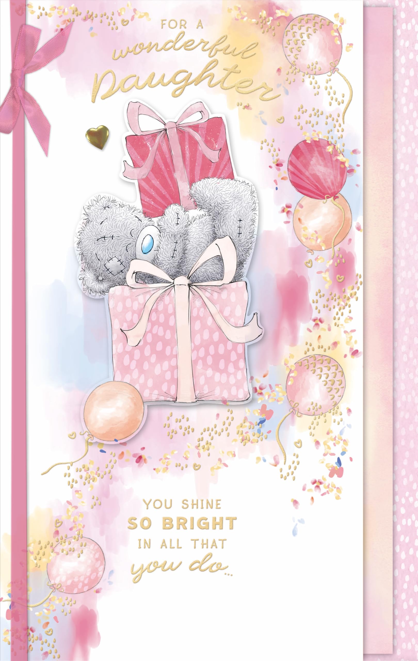 Me to You Tatty Teddy 'For A Wonderful Daughter' Luxury Gold Foil Hand Finished Birthday Day Card With Bow, 7 X 11 Inches - Official Collection