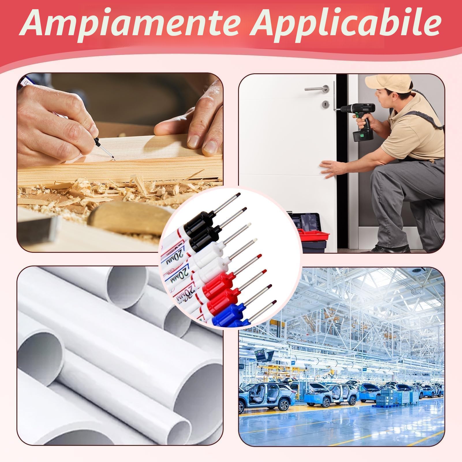8 Pezzi Pennarelli per Fori Profondi, Penna Falegname Pennarello 20mm, Pennarello a Punta Fine per Legno, Metallo, Plastica e Cartone, Nero, Blu, Rosso, Bianco