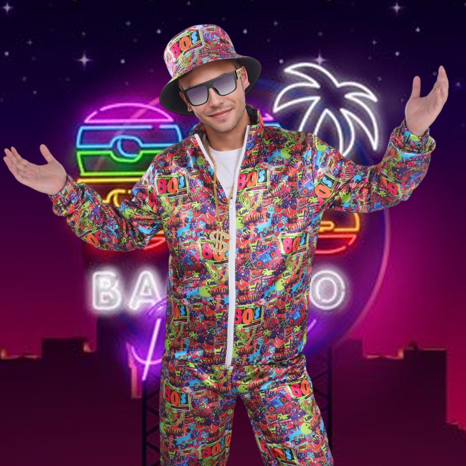 Déguisement Année 80 90 Homme Femme Survêtement Ensemble Costumes Rétro Adulte Disco Veste Tenue Accessoires Chapeau Lunettes Fête Carnaval Halloween Sport Jogging (Rouge-80, S)