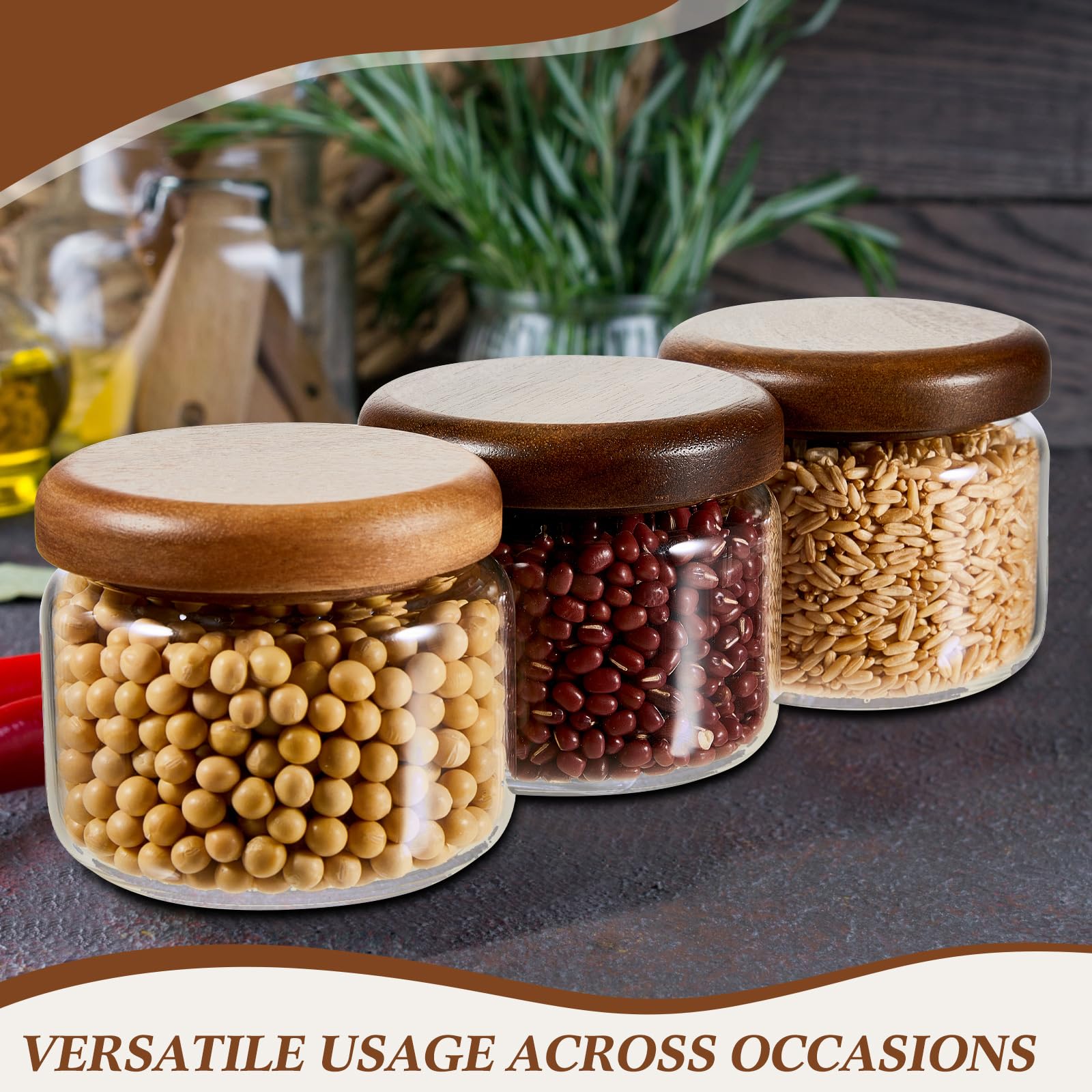 Hushee 3 barattoli in vetro per alimenti da 283,5 g, con coperchi ermetici in legno di acacia, piccoli barattoli trasparenti con coperchi in bambù, contenitori rotondi per avena durante la notte, per