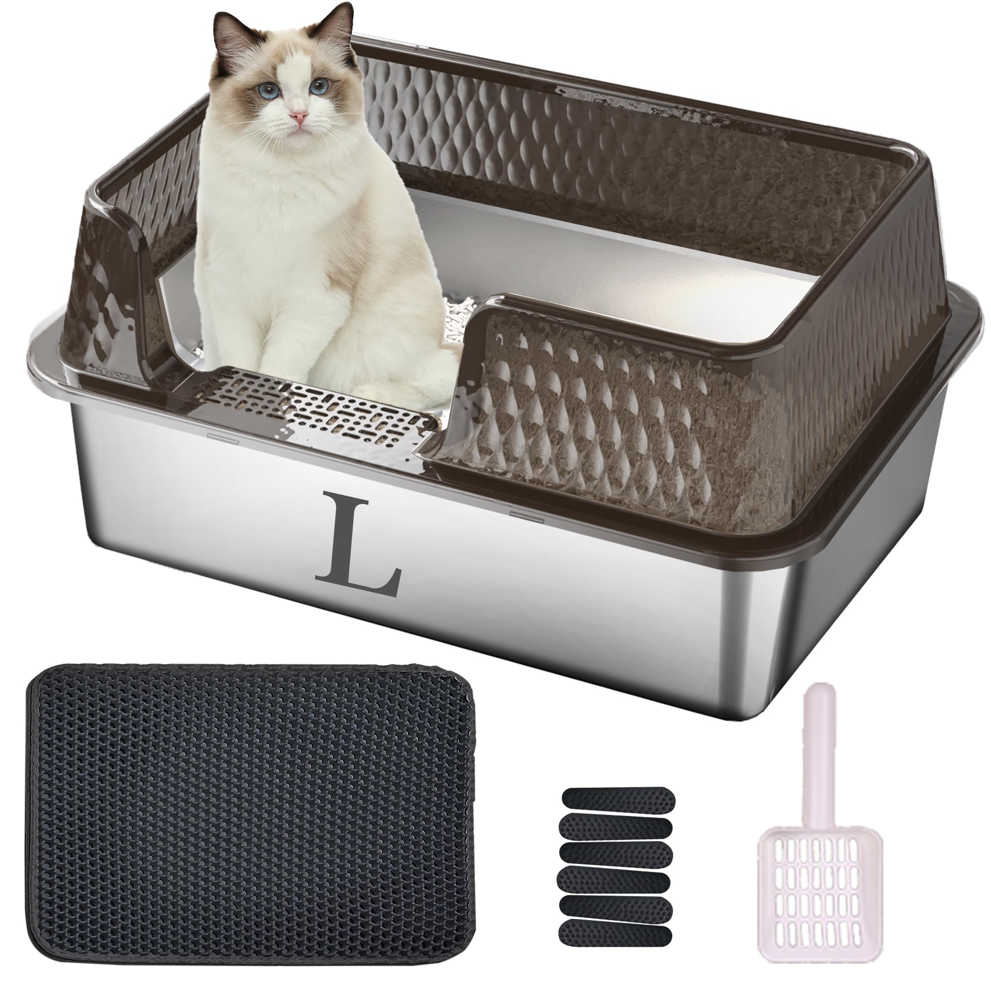 Suhaco Medium Stainless Steel Litter Box Side Entry High Walls Deep Metal Cat Litter Boxes Low Entry with High Sided Removable Lid Litter Mat and Scoop Litter Pan (Black)