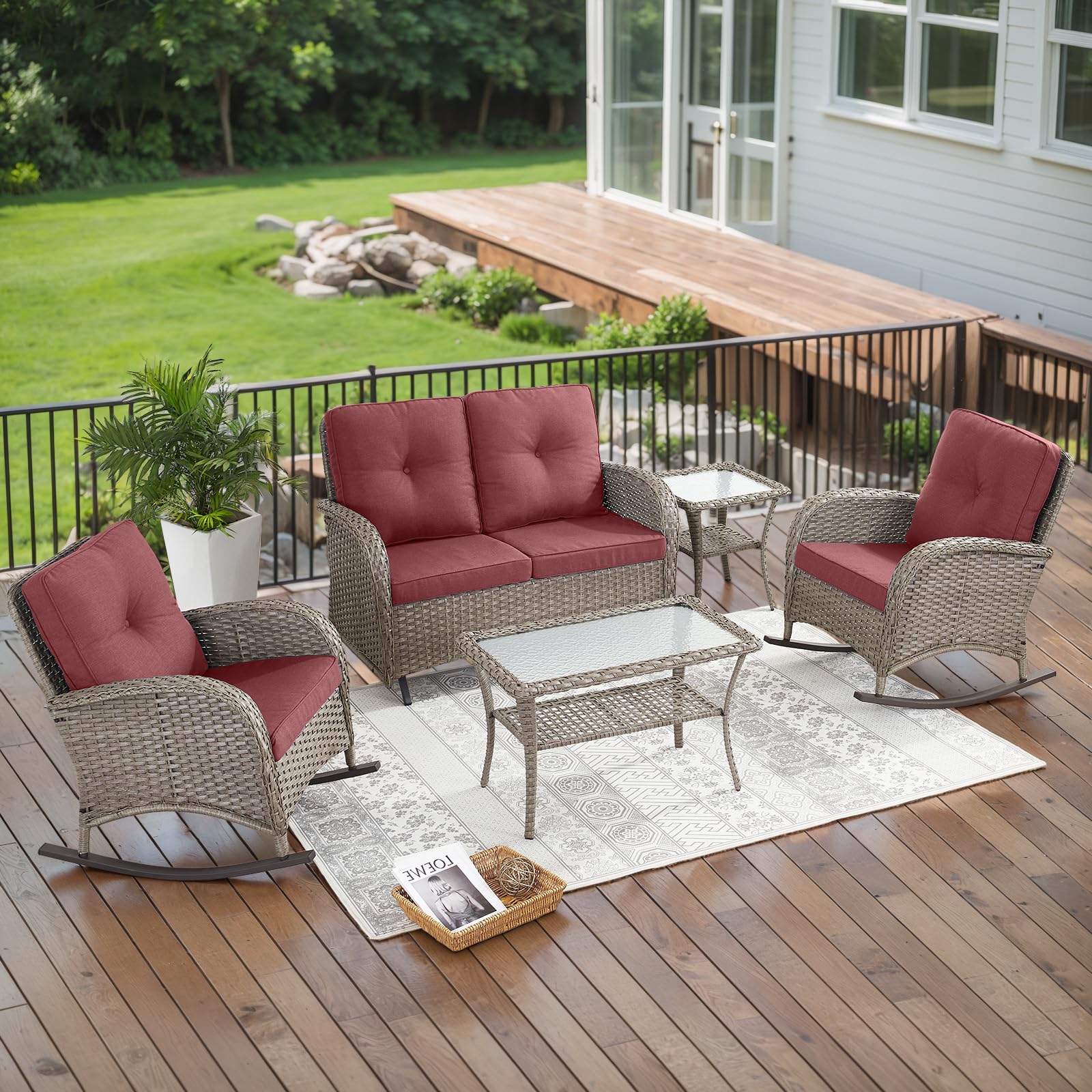 Belord 5 Piece Outdoor Conversation Patio Furniture Set - All-Weather Wicker Patio Rocking Chairs with Loveseat Glider Chair and Coffee Table for