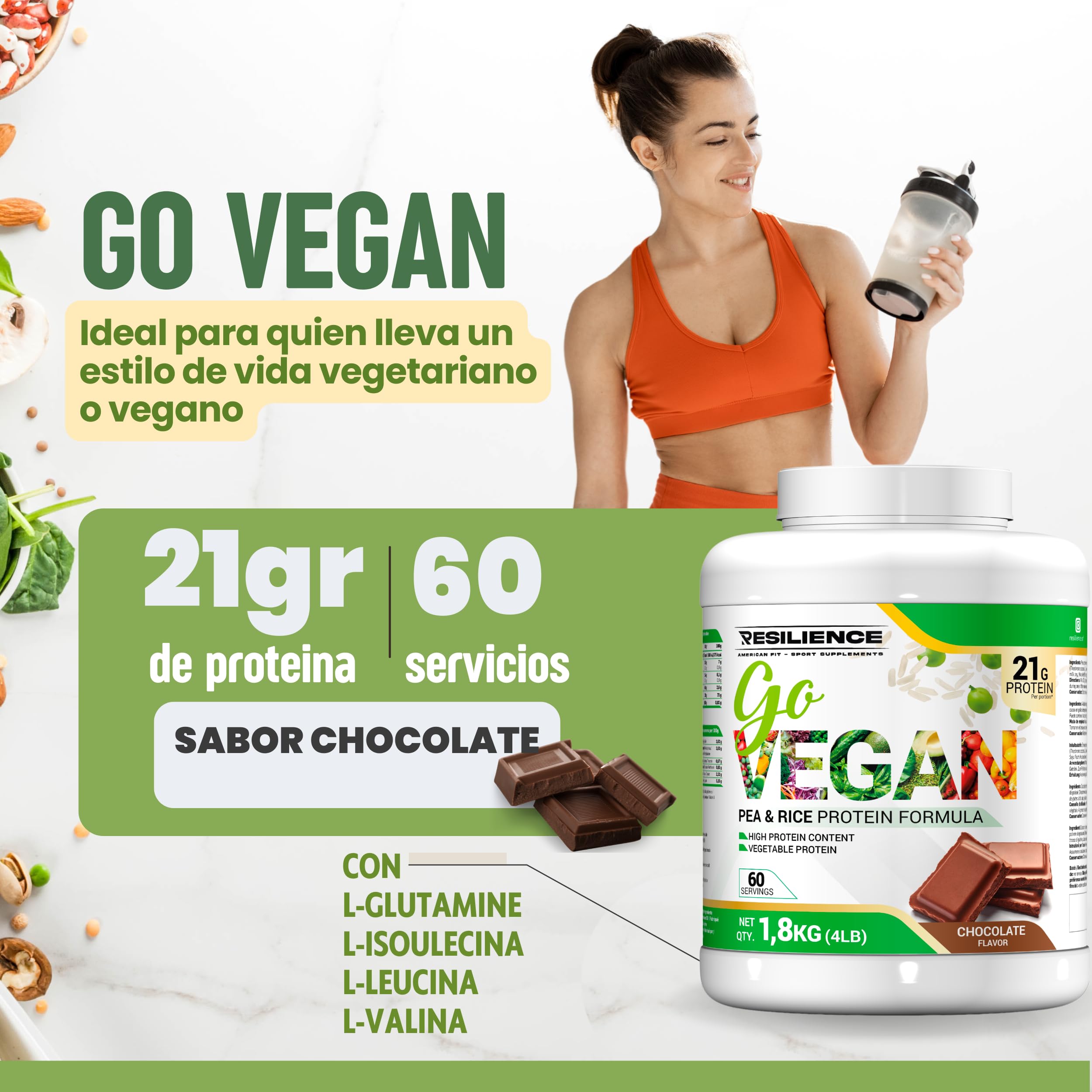 Go Vegan|1.8KG|Proteina Vegetal|Proteina Vegana En Polvo|Proteína Vegana|Proteina De Guisante|Proteina Arroz|Proteinas Veganas|Vegan Protein Powder|Sabor Chocolate|Proteinas Naturales|Pea Protein