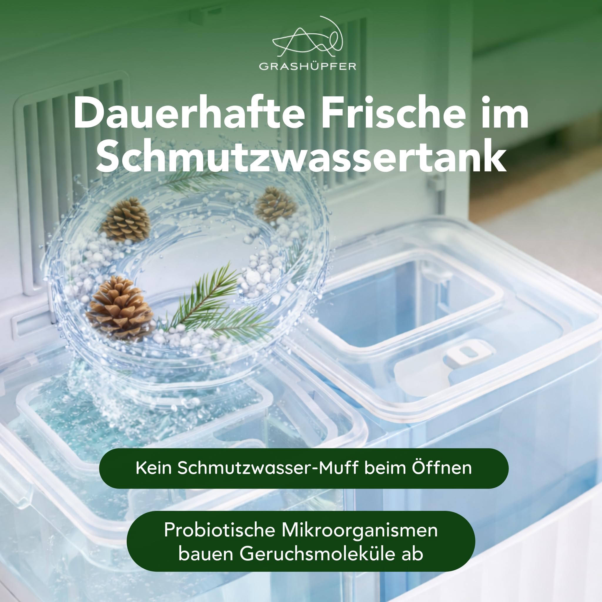 GRASHÜPFER® Deodorante per cisterna ecologica per serbatoi di acqua sporca [PROBIOTICO] – Elimina gli odori di muffa nel serbatoio dell'acqua sporca biologico [Profumo Balesta costiera] – 1000 ml
