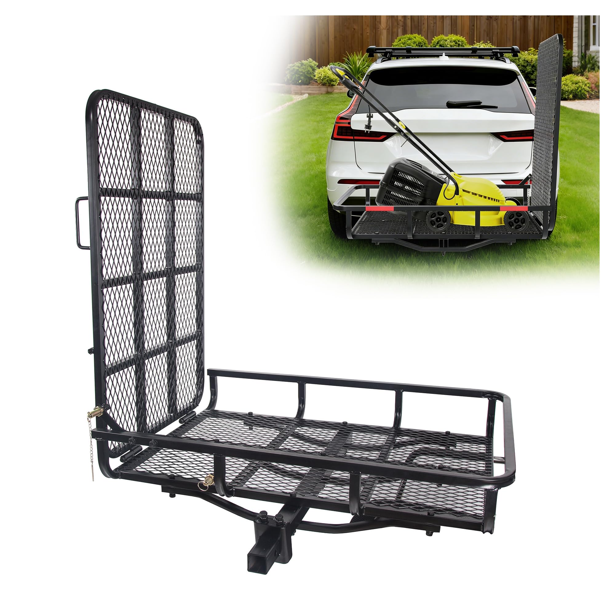 ECOTRIC Hitch Mount Wheelchair Carrier with Mobility Ramp for Wheelchair Scooter Lawn Mower Snow Blower Hauler 500lb Capacity Basket-Style, 73lbs Weight