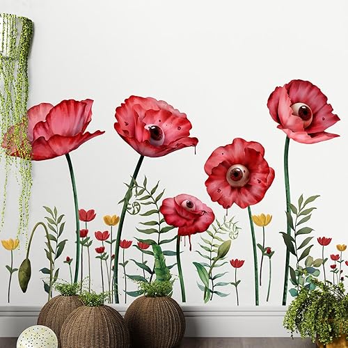 Miniatura 7 de Amaonm - 4 hojas de 12 x 36 pulgadas, calcomanías de pared grandes 3D de flores coloridas moradas y rojas, plantas, hojas verdes, calcomanías de
