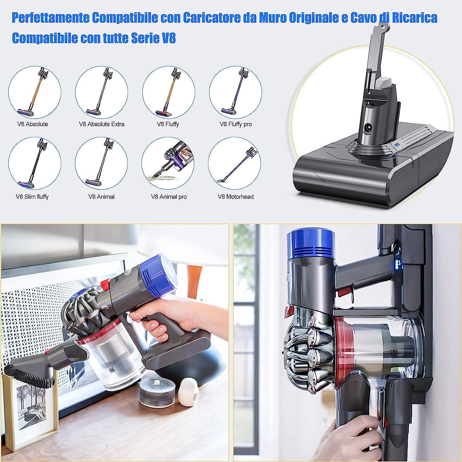 6,000mAh Batteria Dyson V8, YABER 21.6V Batteria di Ricambio per Dyson V8 SV10 Absolute Animal Fluffy Motorhead Aspirapolvere con 1 Filtri