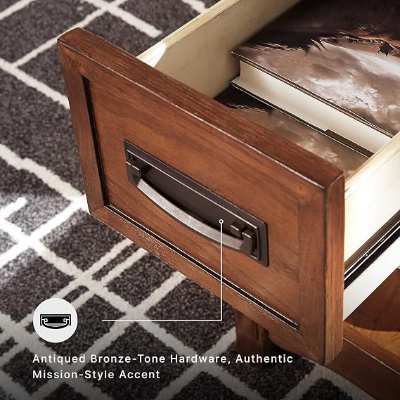 Signature Design by Ashley Breegin End Table With Drawer and Shelf, Mission-Style, Veneers and Wood Construction for Living Rooms and Bedrooms, 13' x 22'