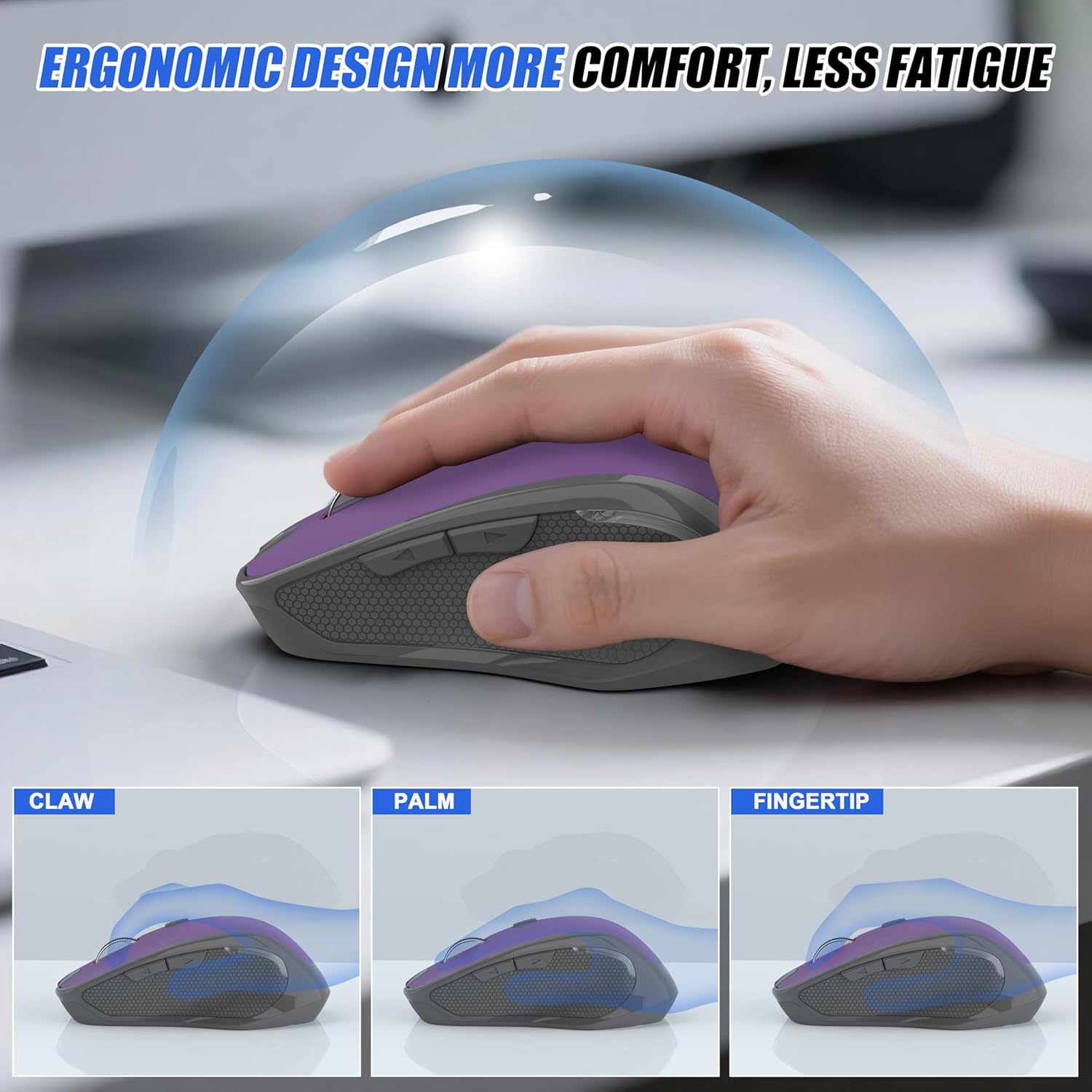 Wireless Mouse Jiggler - Ergonomic Bluetooth Mice with Mouse Mover for Keeps Computers Awake, 3 DPI Levels Rechargeable 2.4G USB-C Computer Mice for MacBook Air/Mac Pro/iPad/Laptop/PC, Purple